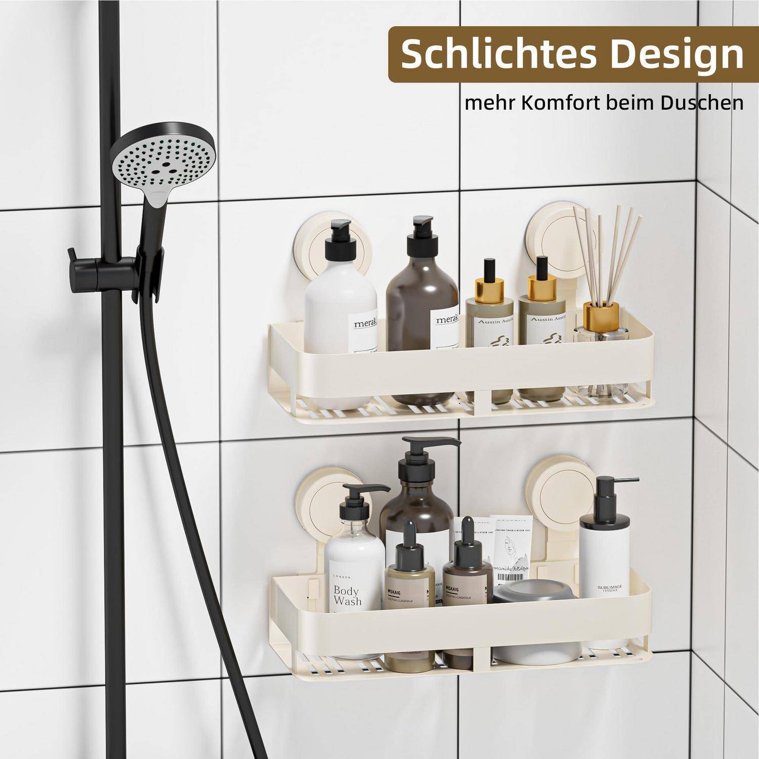 Minimalistische Duschenwand mit zwei Kleberegalen, die Toilettenartikel unter einem schwarzen Handbrausegehalt halten; Text lautet „Schlichtes Design" und „mehr Komfort beim Duschen"