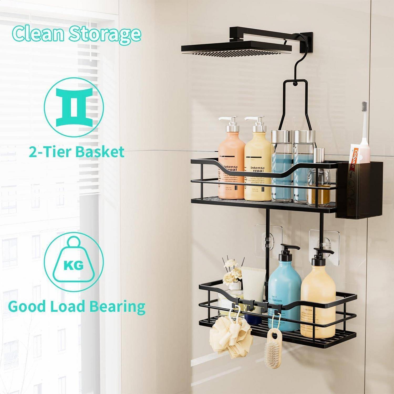 Wandmontiertes Badezimmer-Duschablage mit zwei Körben für Flaschen und Zubehör, beschriftet mit „Clean Storage", „2-Tier Basket"" und „Good Load Bearing"".