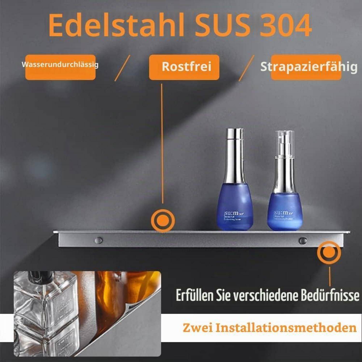 Edelstahl Duschablage ohne Bohren 20cm Silber Chrom