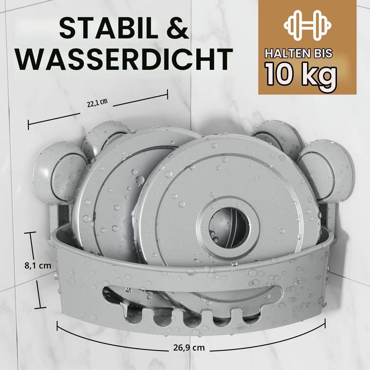 Grauer wandmontierter Aufbewahrungskorb mit runden Objekten, gekennzeichnet mit „STABIL & WASSERDICHT" und „HALTEN BIS 10 kg"", mit angezeigten Abmessungen.