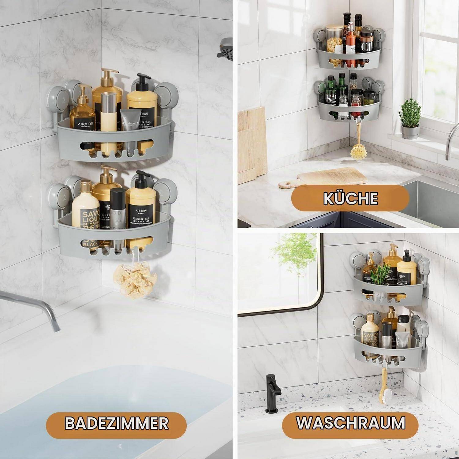 Collage aus einer wandmontierten Eckduschablage zum Organisieren von Flaschen und Toilettenartikeln, gezeigt in Badezimmer-, Küchen- und Waschküchenumgebungen.