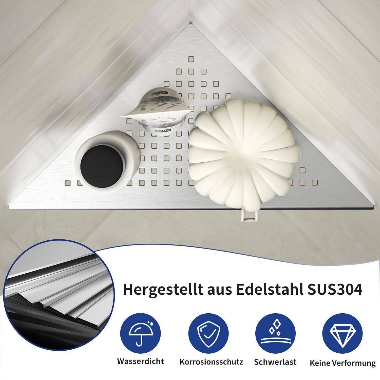 Edelstahl-Dreieck-Dachablauf mit Laubfalle und Auslauf, gekennzeichnet mit „Hergestellt aus Edelstahl SUS304" und Symbolen für wasserdicht, Korrosionsschutz, schwere Last, keine Verformung.