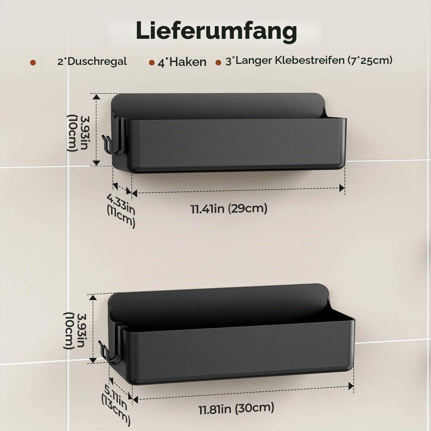 Produktpaketinhaltsdiagramm mit dem Titel „Lieferumfang" zeigt 2 Regalfachböden, 4 Haken und 3 Klebestreifen; zwei Fachgrößen sind mit 29 cm und 30 cm gekennzeichnet.