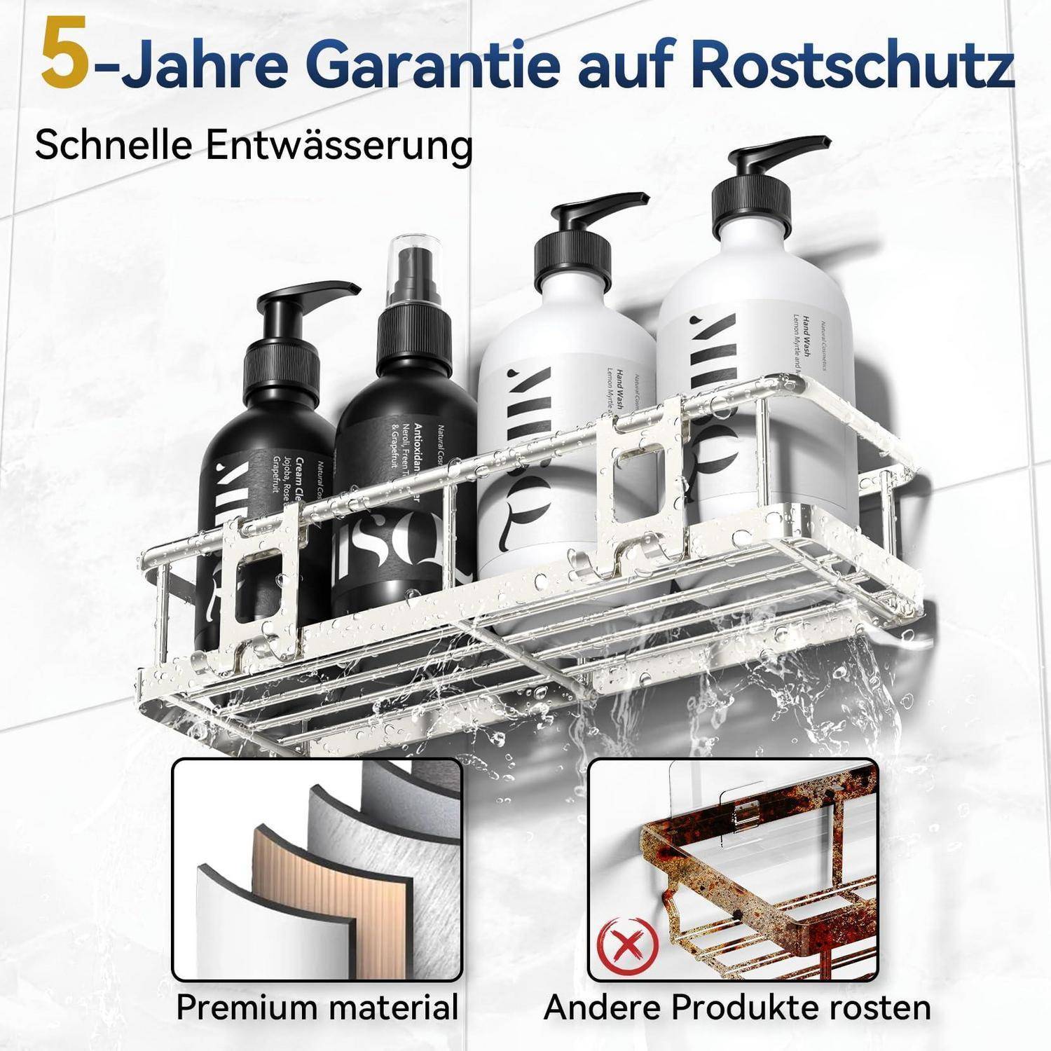Duschregal mit vier Pumpflaschen und deutschem Text „5-Jahre Garantie auf Rostschutz" und „Schnelle Entwässerung"", plus Symbole zeigen hochwertige Materialien und Rostprodukte.