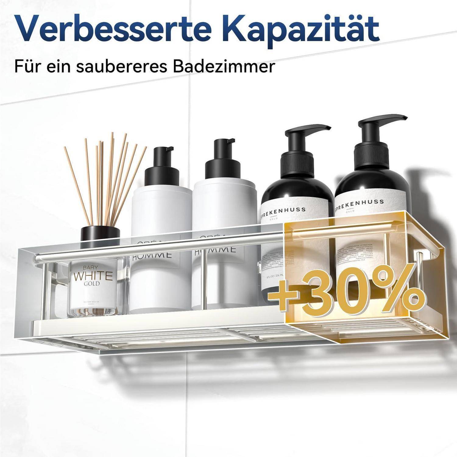 Badezimmer-Wandregal mit Flaschen und einem Diffuser, beschriftet mit „Verbesserte Kapazität" und „Für ein saubereres Badezimmer"", wobei 30% mehr Kapazität hervorgehoben wird.