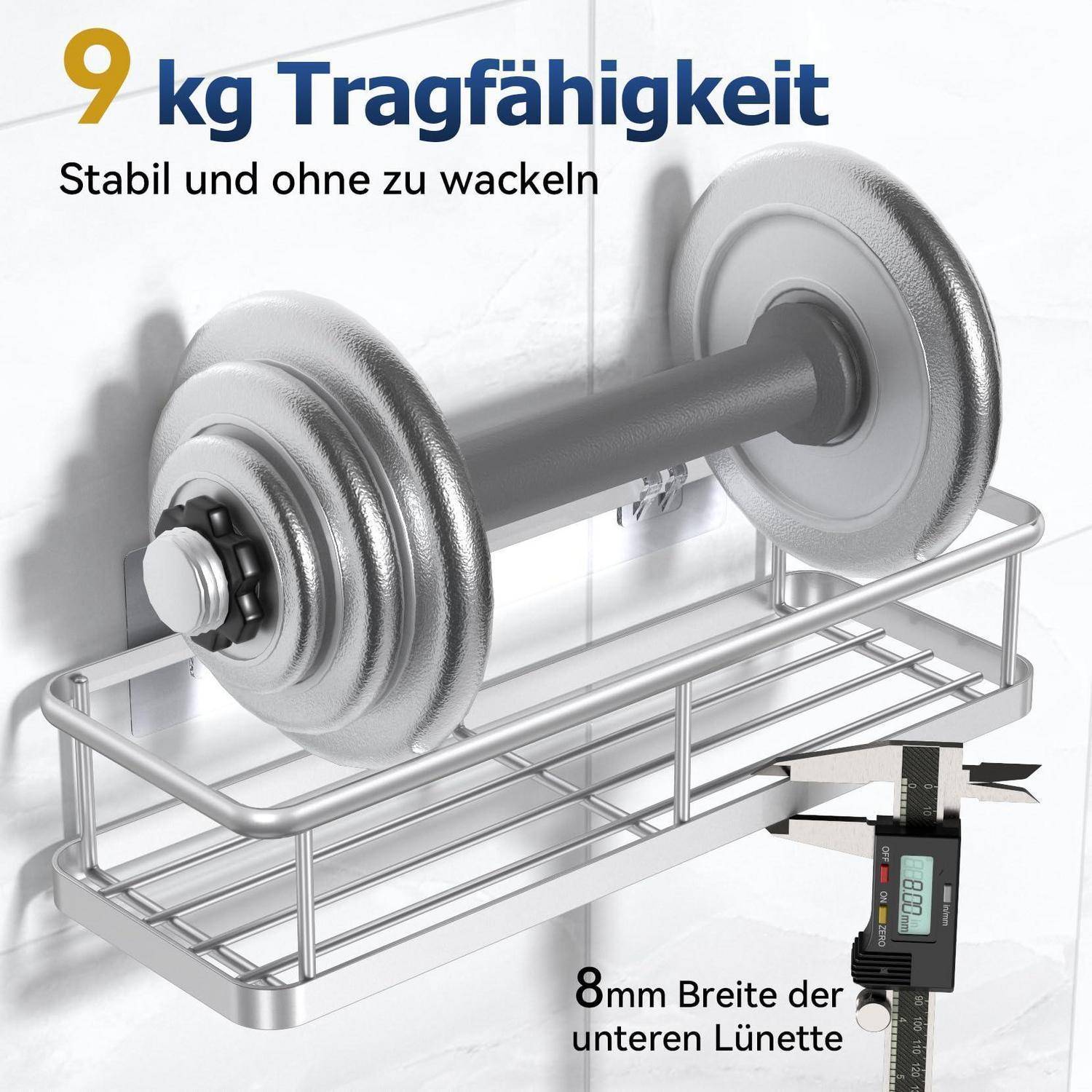 Ein Metallwandregal trägt eine Hantel; deutscher Text sagt „9 kg Tragfähigkeit", „Stabil und ohne zu wackeln"" und „8 mm Breite der unteren Lünette"".