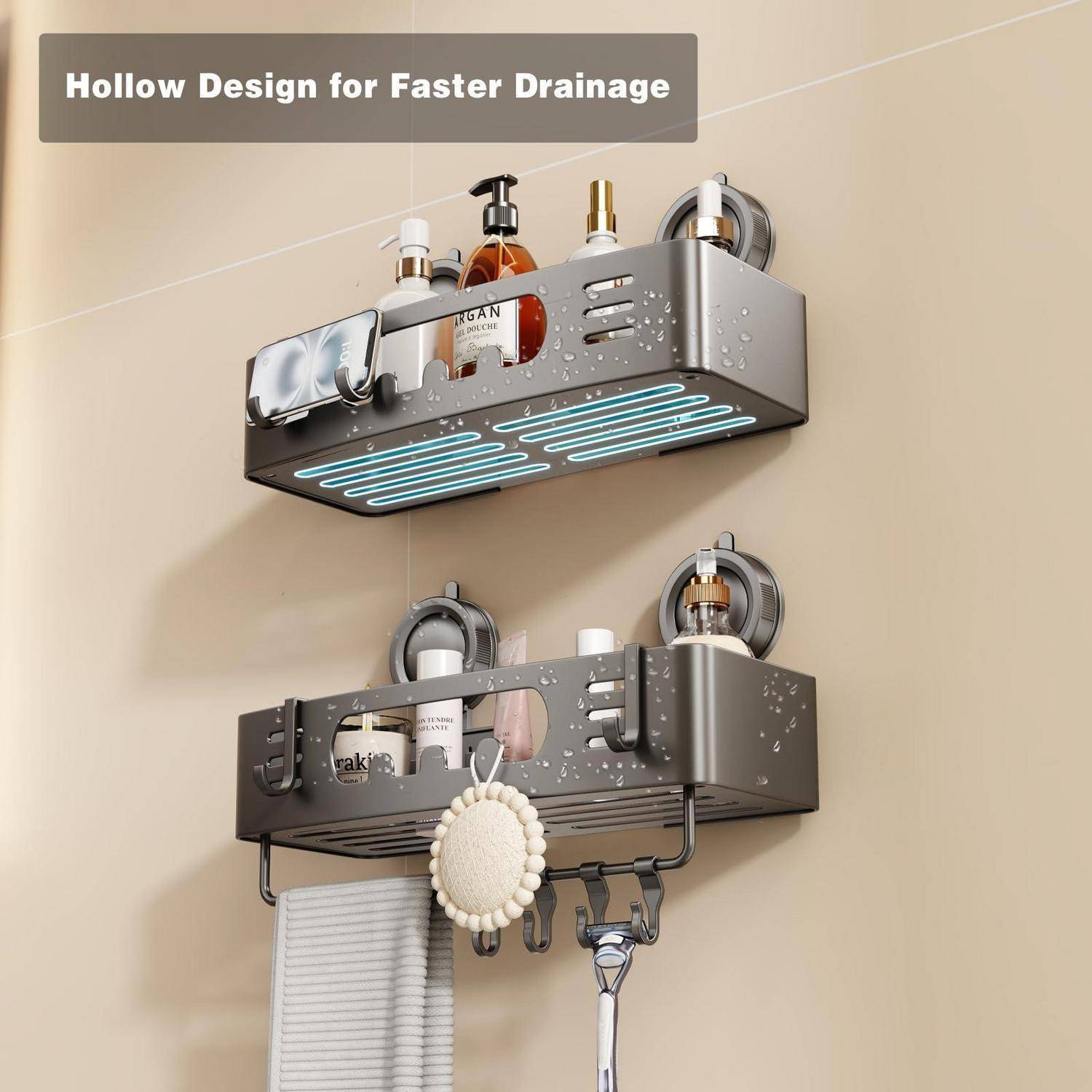 Wandmontierte Metallbadezimmerkörbe mit hohlem Drainagedesign, in denen Toilettenartikel und Accessoires aufbewahrt werden; der Text lautet „Hohles Design für schnellere Drainage".