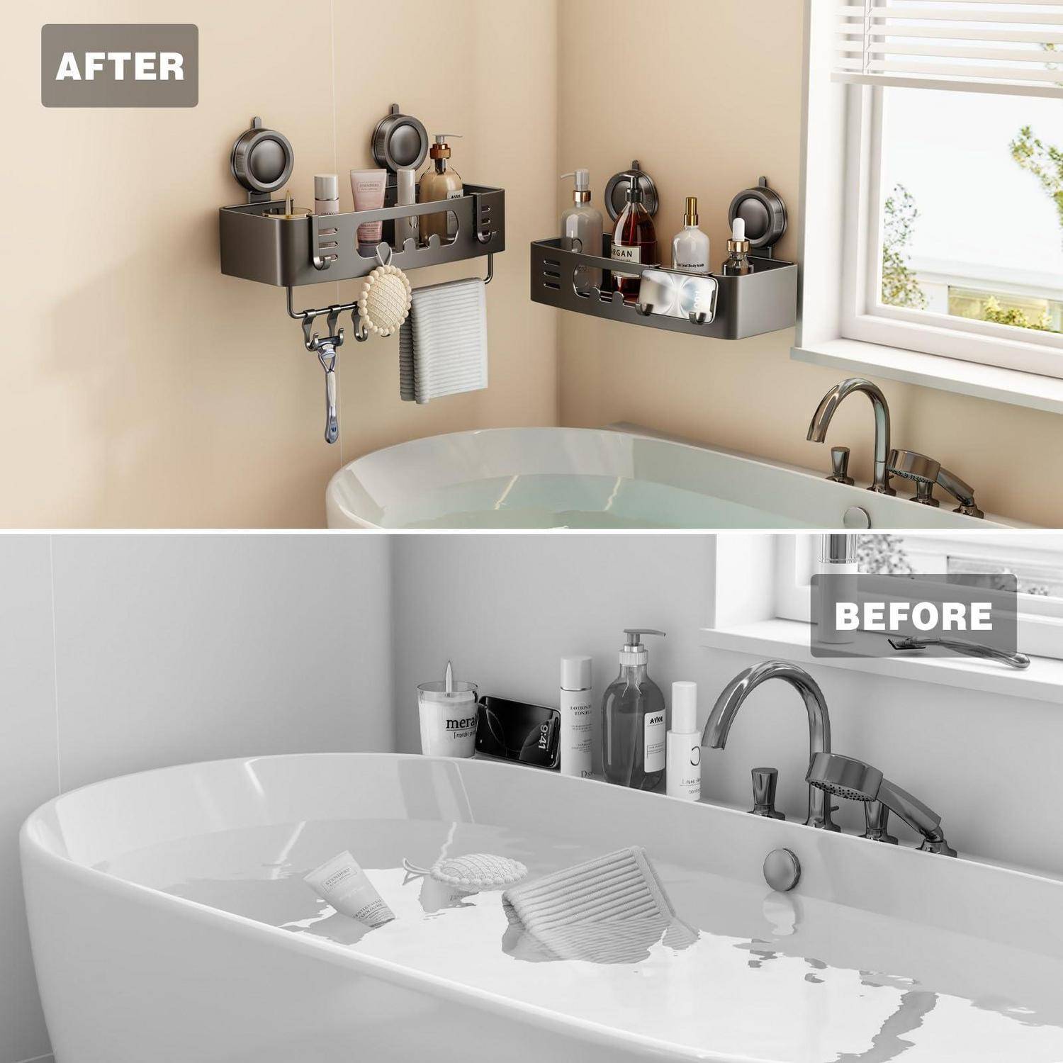 Vorher-Nachher Badezimmer-Waschbecken Stauraum: Regale über der Badewanne organisieren Toilettenartikel und geben das Regal frei.