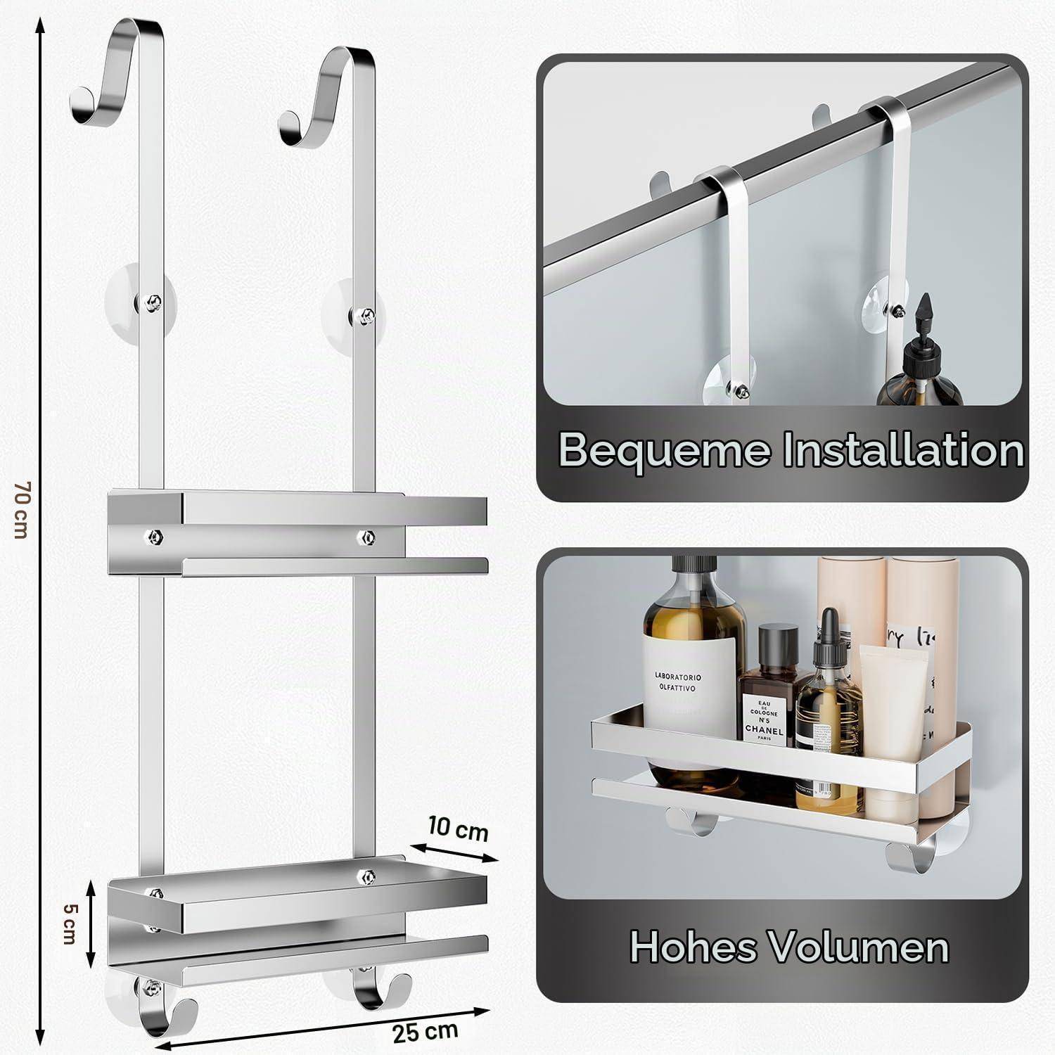 Edelstahl-Hängeregal über der Tür mit 70 cm Höhe, 25 cm Breite und 5 cm Tiefe, plus eingefügte Ansichten mit einfacher Montage und hoher Speicherkapazität.