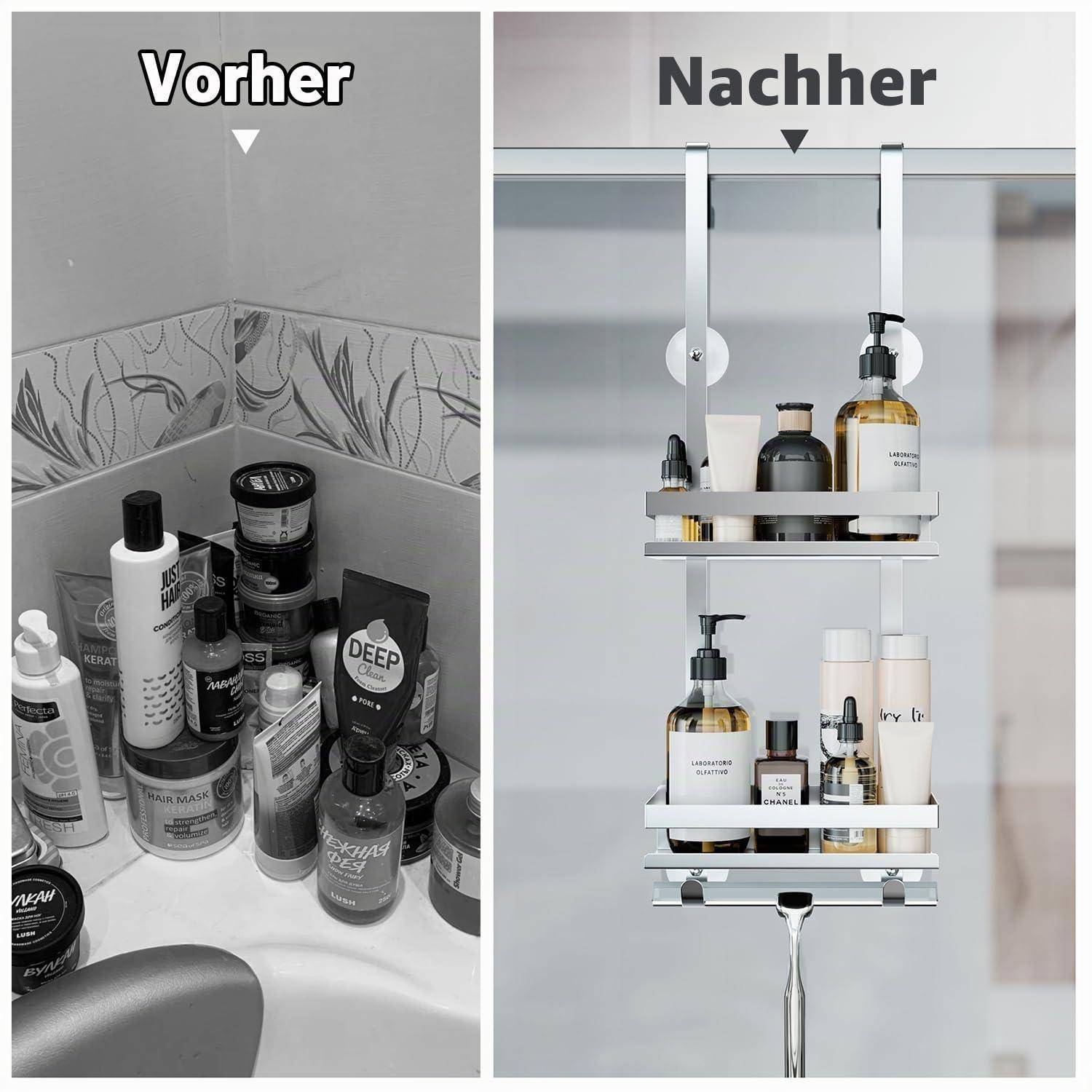 Geteilte Vorher-Nachher-Badezimmer-Regalorganizer: unordentliche Toilettenartikel auf der linken Seite, ordentlich angeordnete hängende Regale auf der rechten Seite.