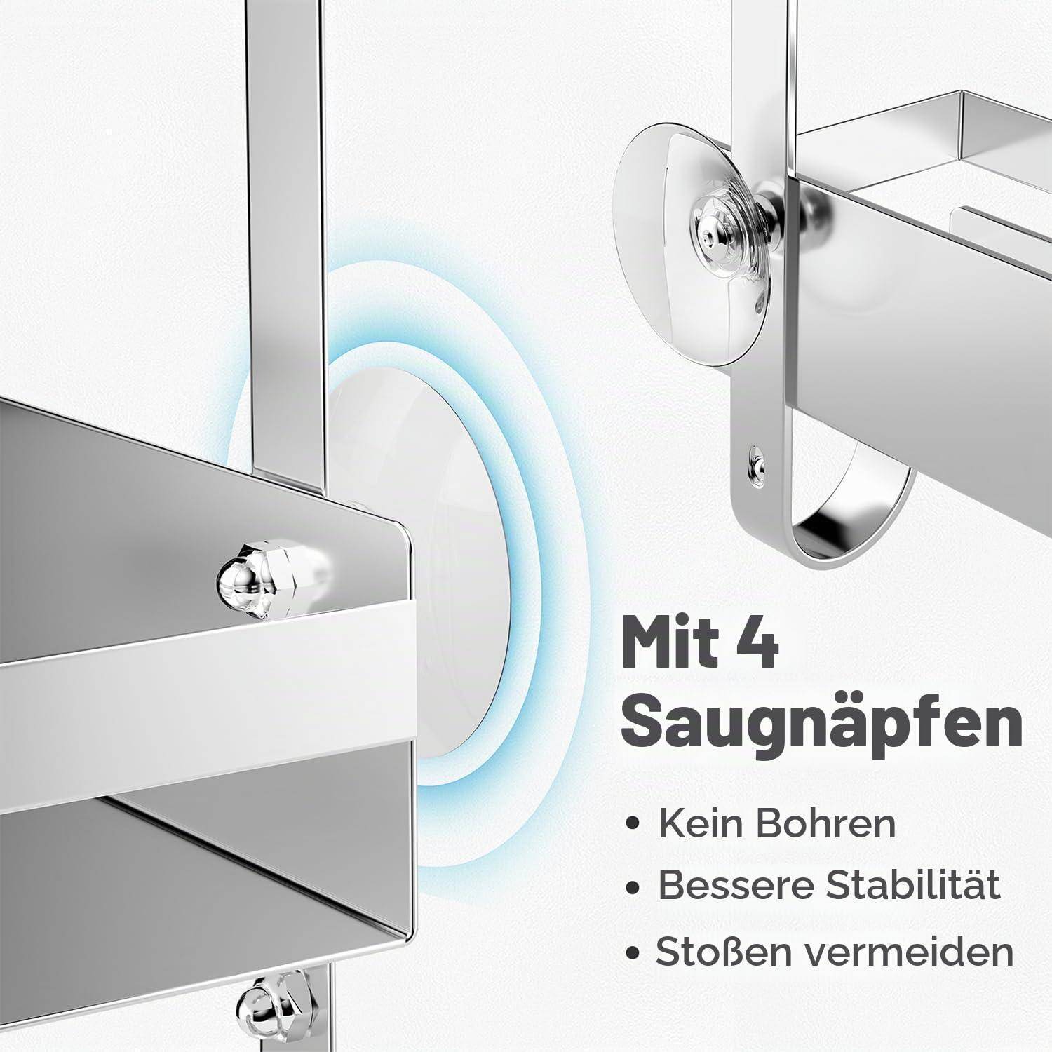 Produktabbildung eines an der Wand befestigten Chrombügels mit 4 Saugnäpfen; Text lautet „Mit 4 Saugnäpfen", „Kein Bohren"", „Bessere Stabilität"", „Stoßen vermeiden"".