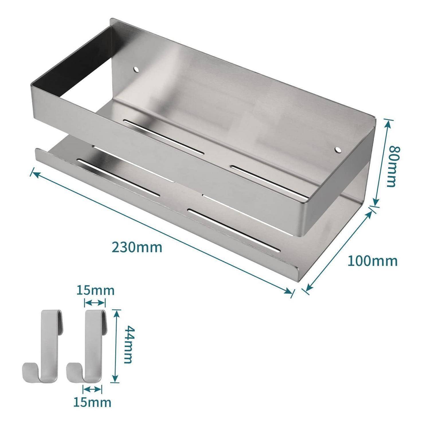 Edelstahl-Wandkorb in rechteckiger Form mit geschlitzten Seitenwänden, gezeigt mit den Abmessungen 230mm x 100mm x 80mm und Hakendetail 15mm x 44mm.