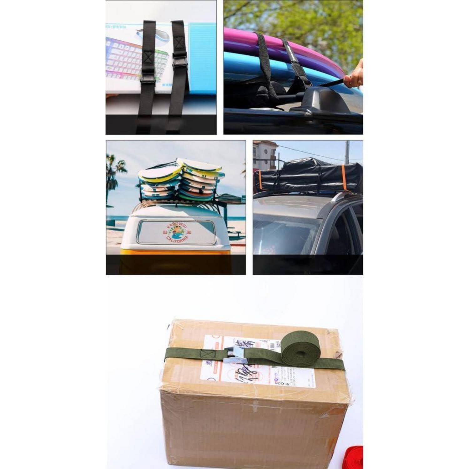 Beispiele für sichere Laschensysteme, die Surfbretter, Gepäck und eine Versandbox auf Autodächern und anderen Fahrzeugen halten.
