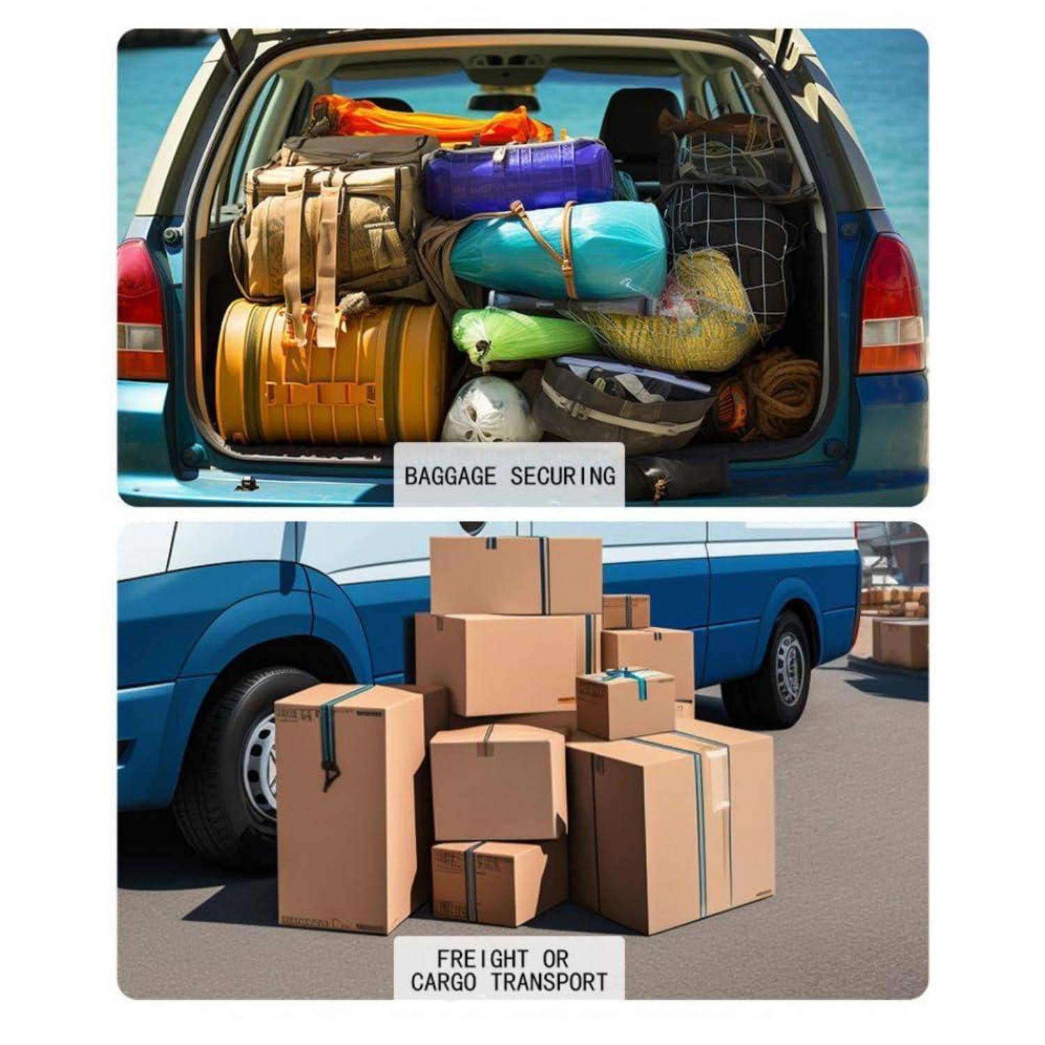 Zwei übereinander angeordnete Bilder: Das obere Bild zeigt einen vollgepackten Autokofferraum mit der Beschriftung „GEPÄCKSICHERUNG"; das untere Bild zeigt Kartons neben einem Lastwagen mit der Beschriftung „FRACHT- ODER GÜTERTRANSPORT"".