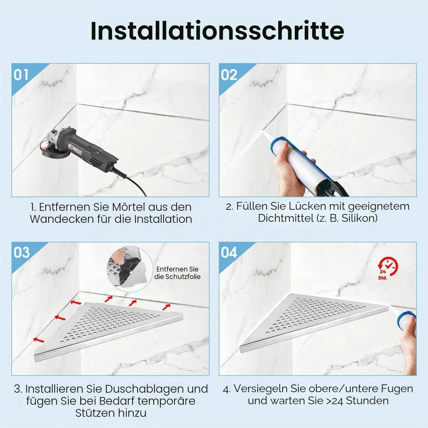 Installationsleitfaden in vier Schritten: Mörtel entfernen, Fugen mit Dichtungsmasse ausfüllen, Duschablage mit temporärer Stütze installieren, dann Kanten abdichten und über 24 Stunden warten.