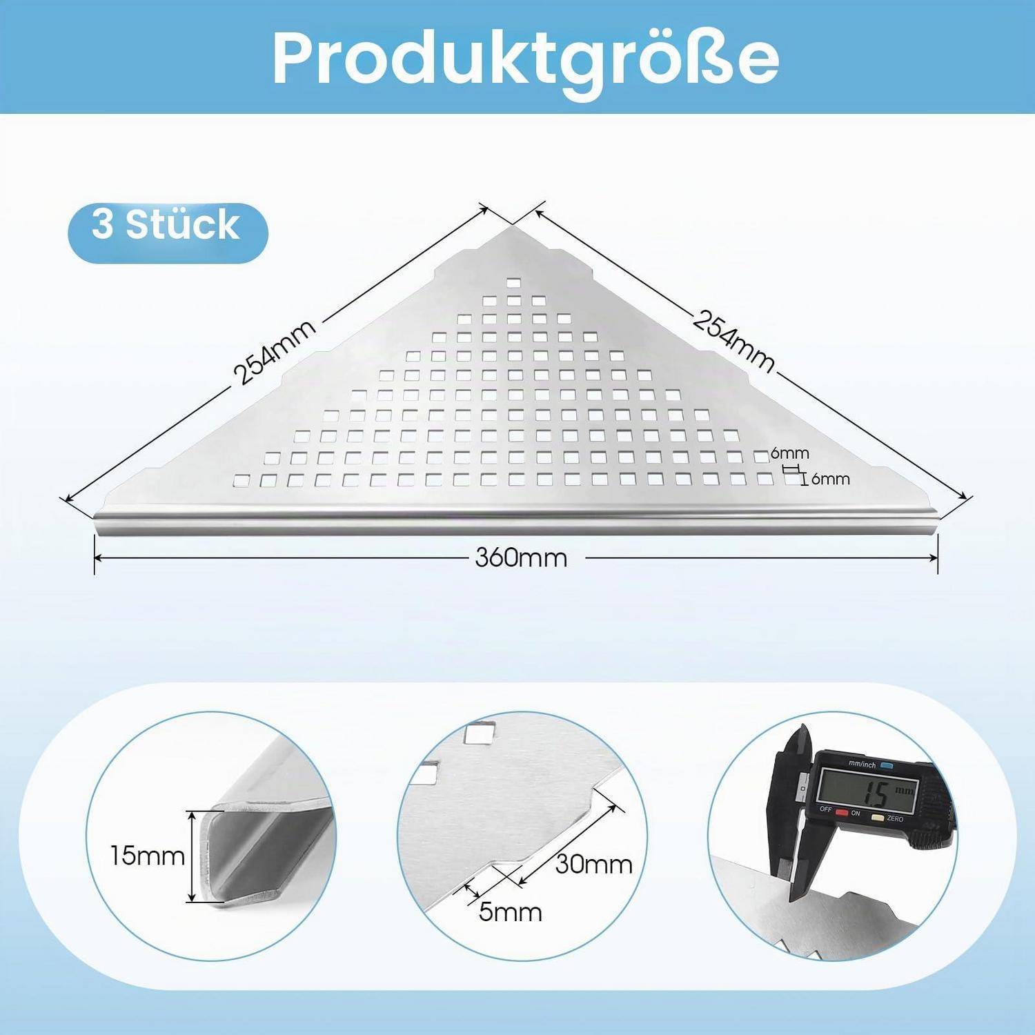 Produktgrößen-Diagramm mit 3 Edelstahl-Dreieck-Lüftungsabdeckungen, 360 mm breit und 254 mm Seitenlänge, mit 15 mm Tiefe und 30 mm/5 mm Detailaufnahmen.
