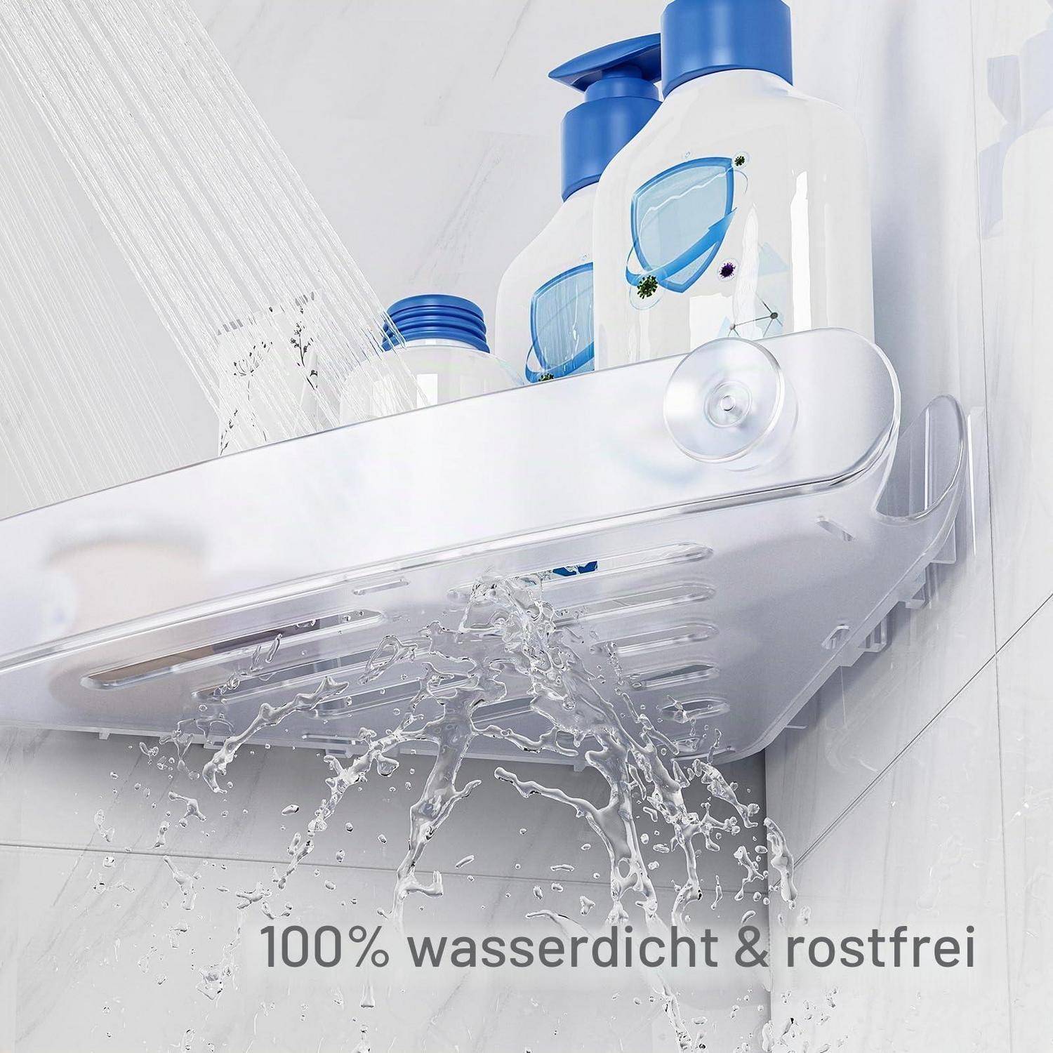 Weißes wasserdichtes Badezimmerregal mit blauen Shampoo-Flaschen, Wasser spritzt ab; Text sagt „100% wasserdicht & rostfrei".
