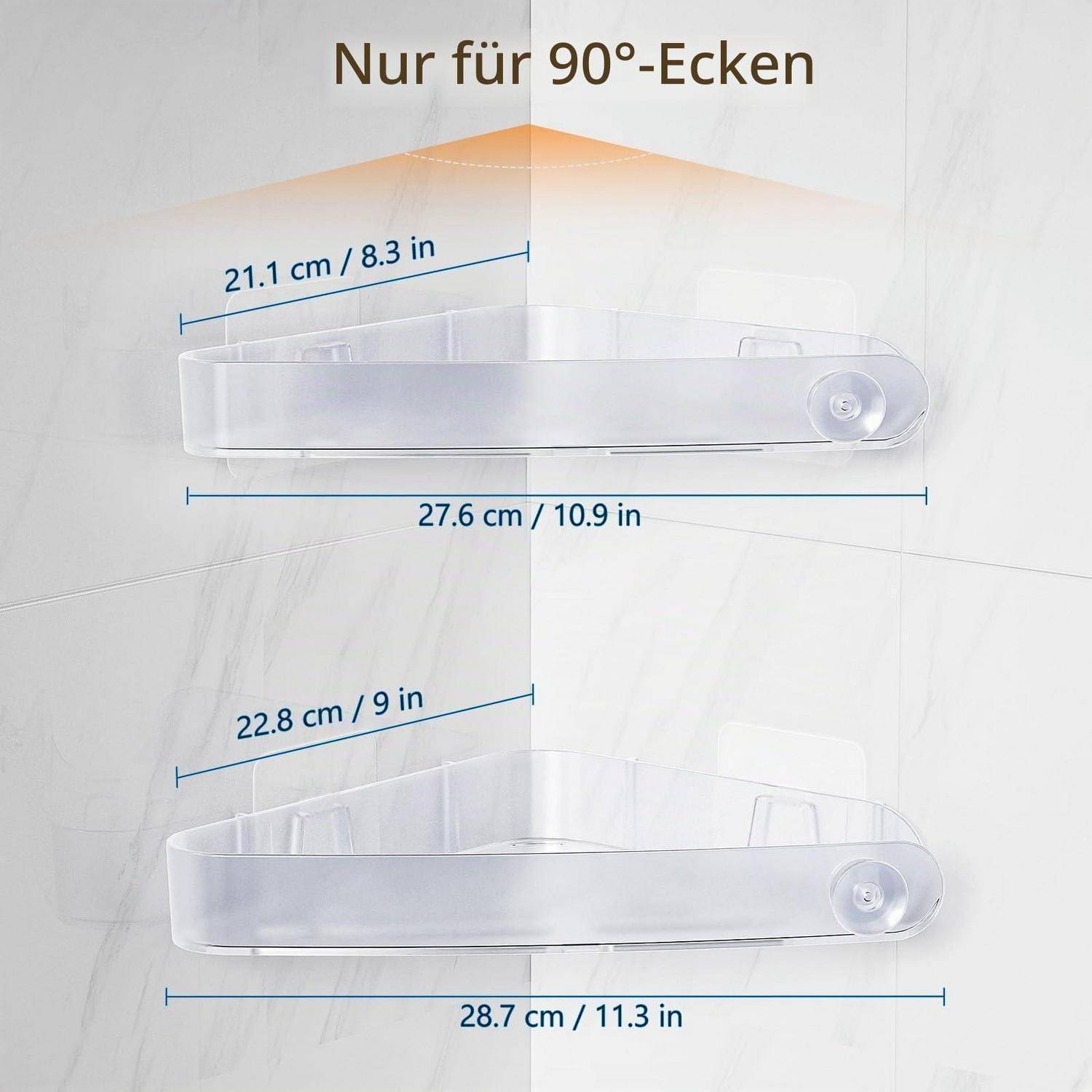 Produktdiagramm mit zwei Eckenlagerungsregalen für 90-Grad-Ecken, gekennzeichnet mit 'Nur für 90°-Ecken' mit Abmessungen in cm und Zoll.