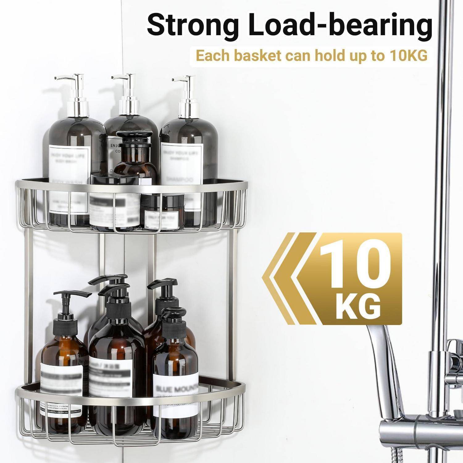Duschregal mit zwei verchromten Körben, die Pumpflaschen halten, beschriftet mit „Starke Tragfähigkeit" und „Jeder Korb kann bis zu 10 kg halten"", mit einem 10-kg-Gewichtabzeichen.