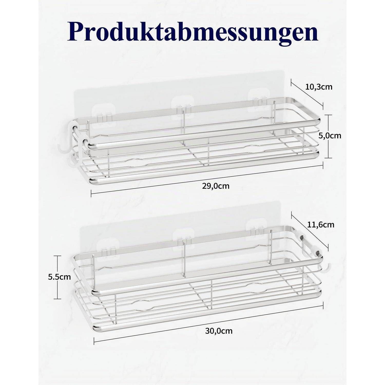 Produktabmessungen für ein wandmontiertes Metallkorb-Regal: 29,0 cm oder 30,0 cm lang, etwa 10,3–11,6 cm tief, 5,0–5,5 cm hoch.