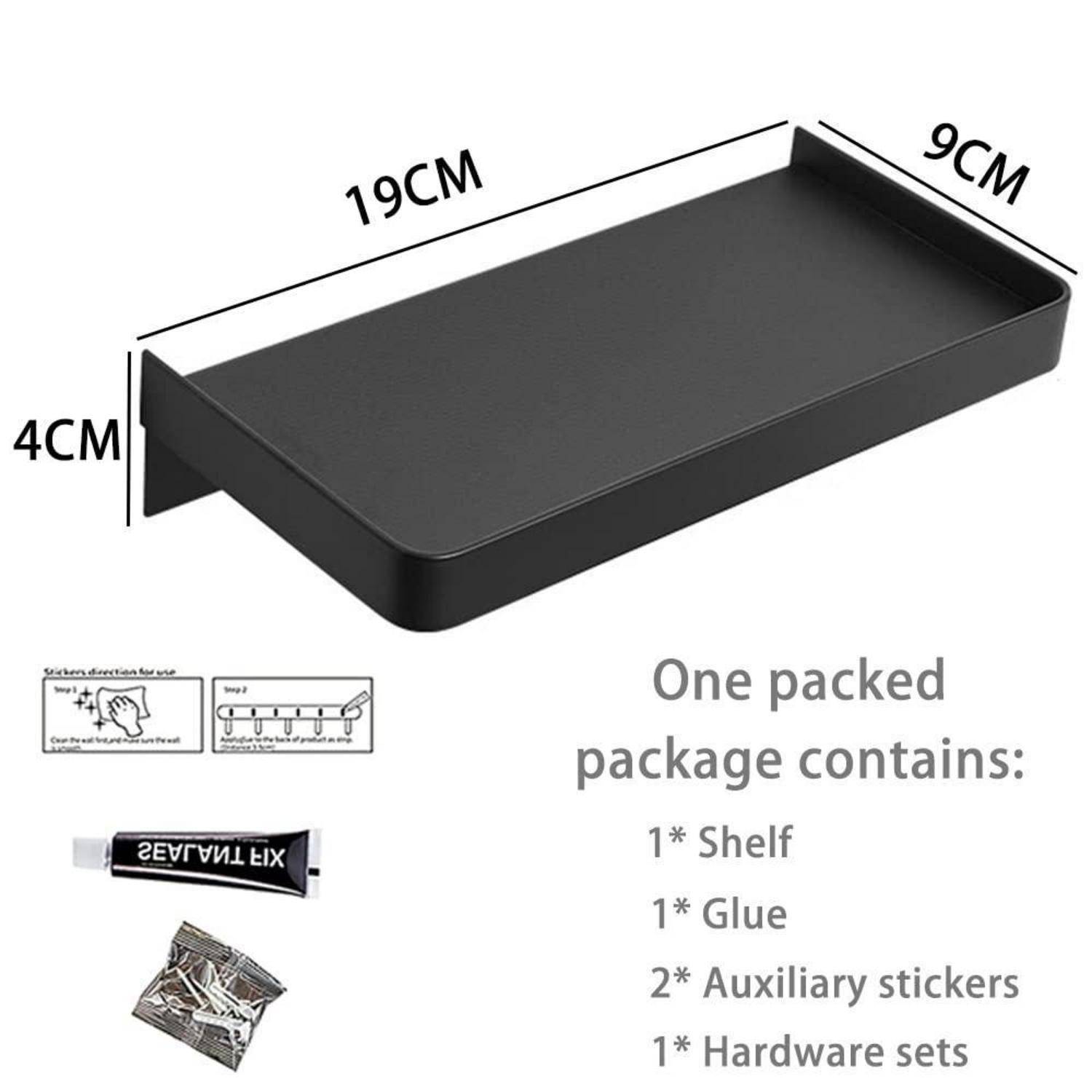 Schwarzes rechteckiges Wandregal, beschriftet mit 19 cm x 9 cm x 4 cm, mit Installationsanleitung und Packungsinhalt: Regal, Klebstoff, Hilfsklebepads und Befestigungsmaterial.