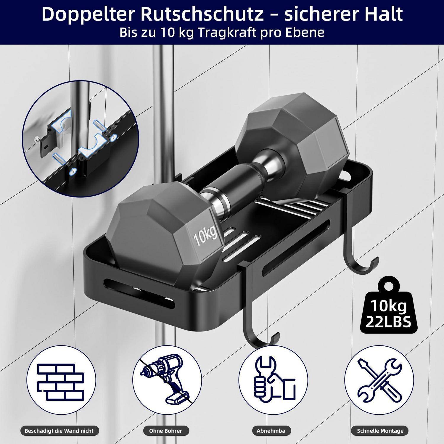 Duschablage für Duschstange, ohne Bohren, Schwarz, 10kg Tragkraft