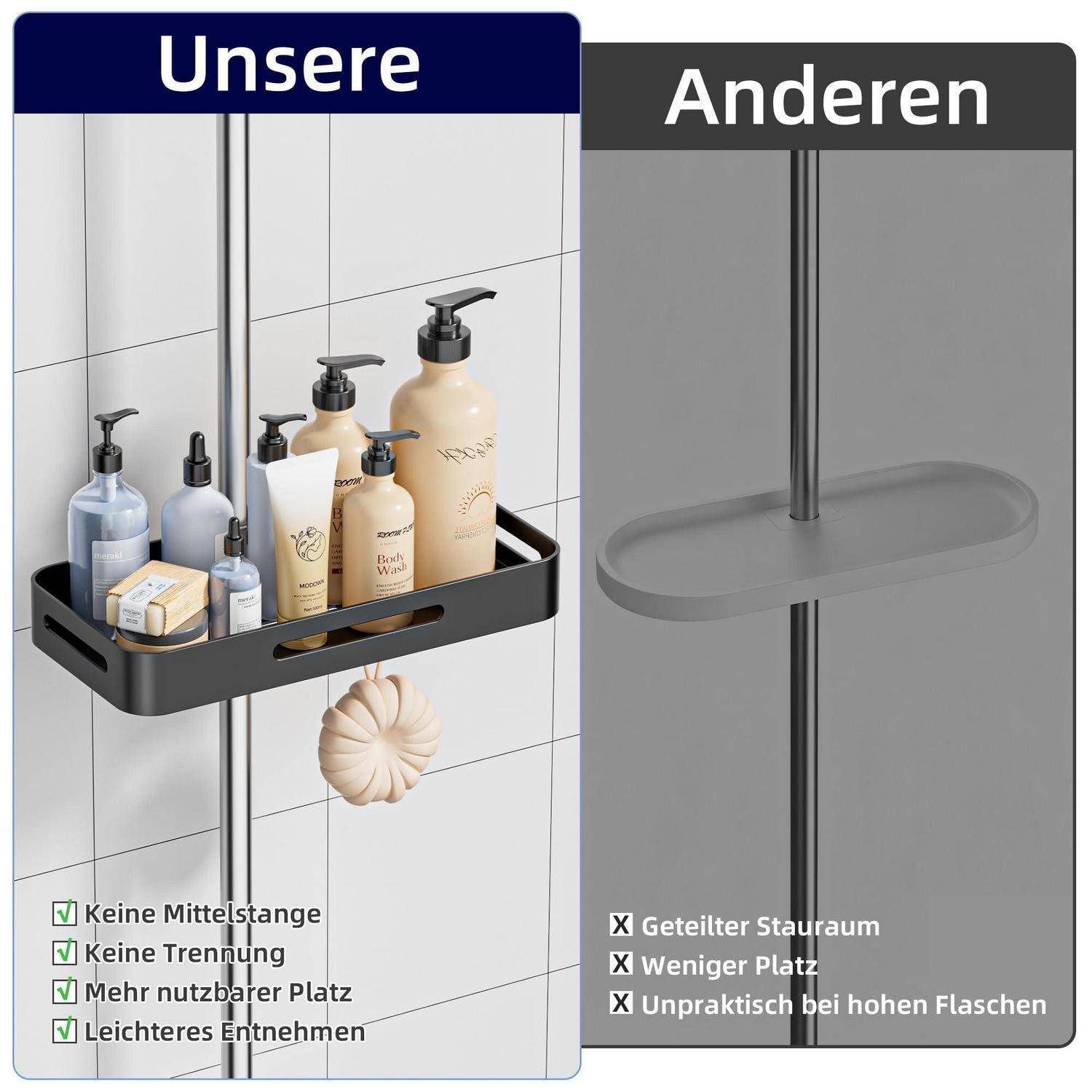 Vergleich von Duschkörben: Unser Modell zeigt ein geräumiges Tablett mit mehreren Flaschen und Seife, gekennzeichnet durch keinen Mittelpfosten, keine Unterteilung, mehr nutzbarer Platz, leichtere Entfernung; das andere hat ein geteiltes Tablett und weniger Platz.