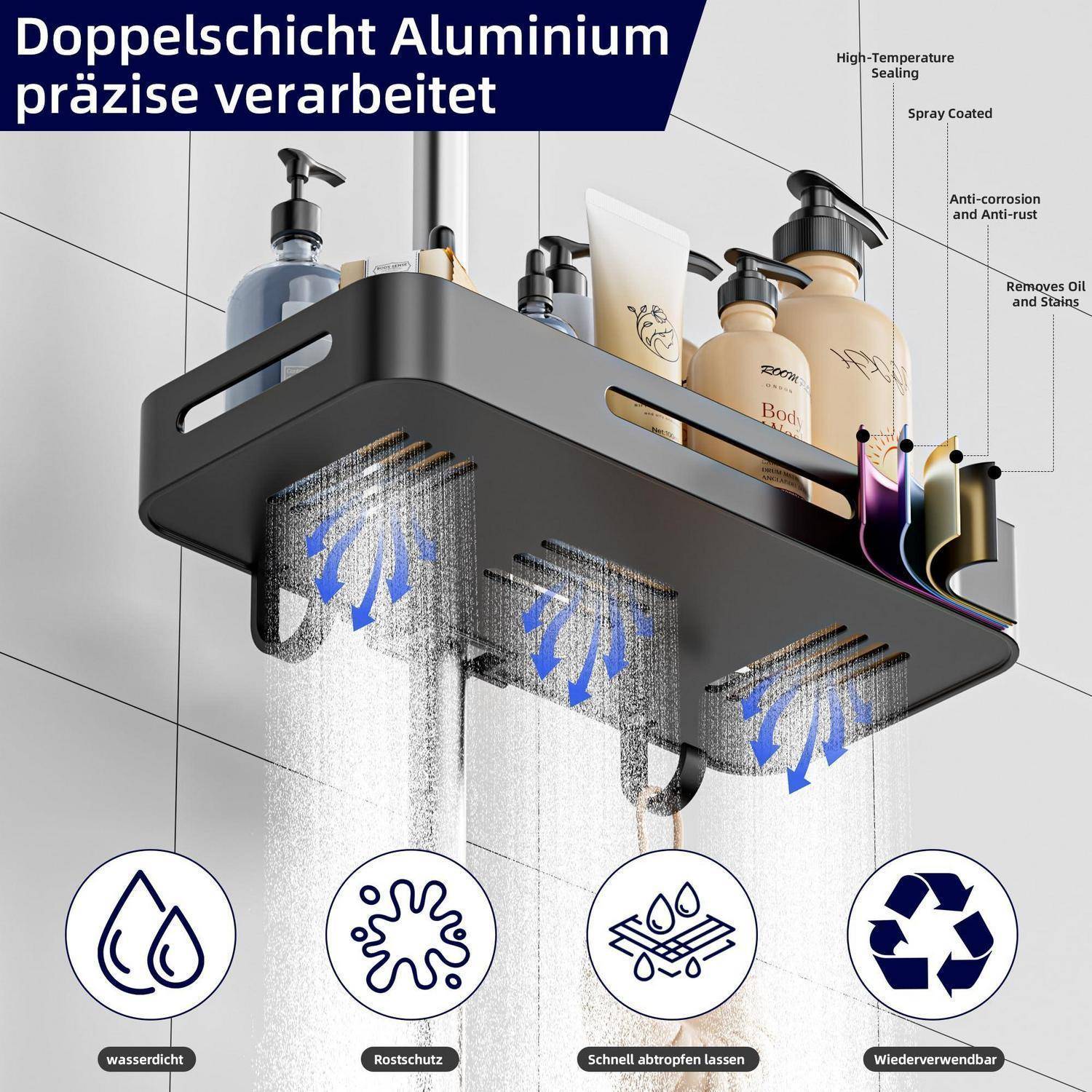 Werbegrafik eines zweischichtigen Aluminium-Duschregals mit Flaschen und Haken, die Wasserdrainage und Vorteile zeigt: wasserdicht, rostfrei, schnell ablaufend, wiederverwendbar.