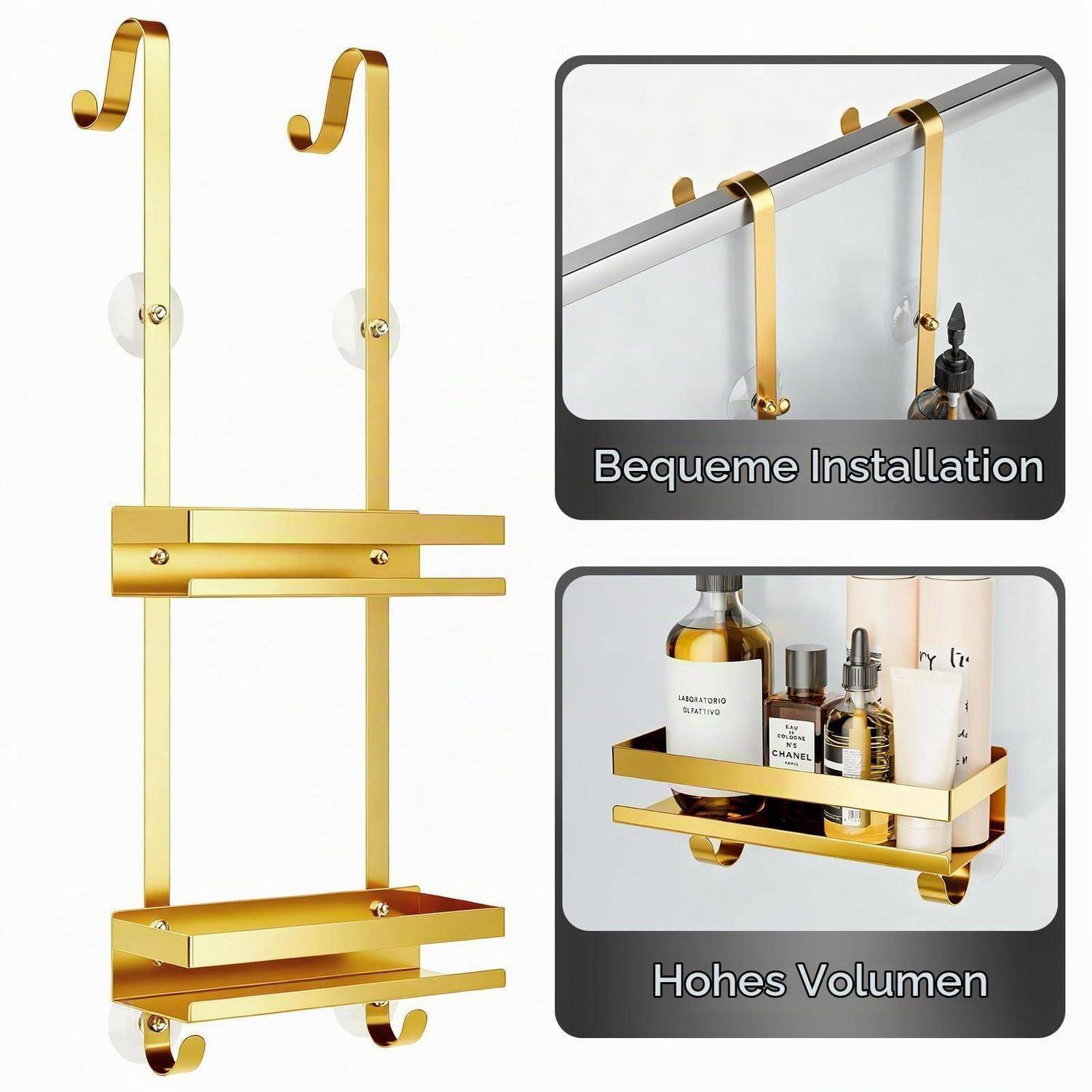 Goldener hängender Duschwagen mit zwei Regalen und Haken, dargestellt installiert auf einer Duschkabinentür und mit Flaschen gefüllt; die Beschriftungen lauten „Bequeme Installation" und „Hohes Volumen"".