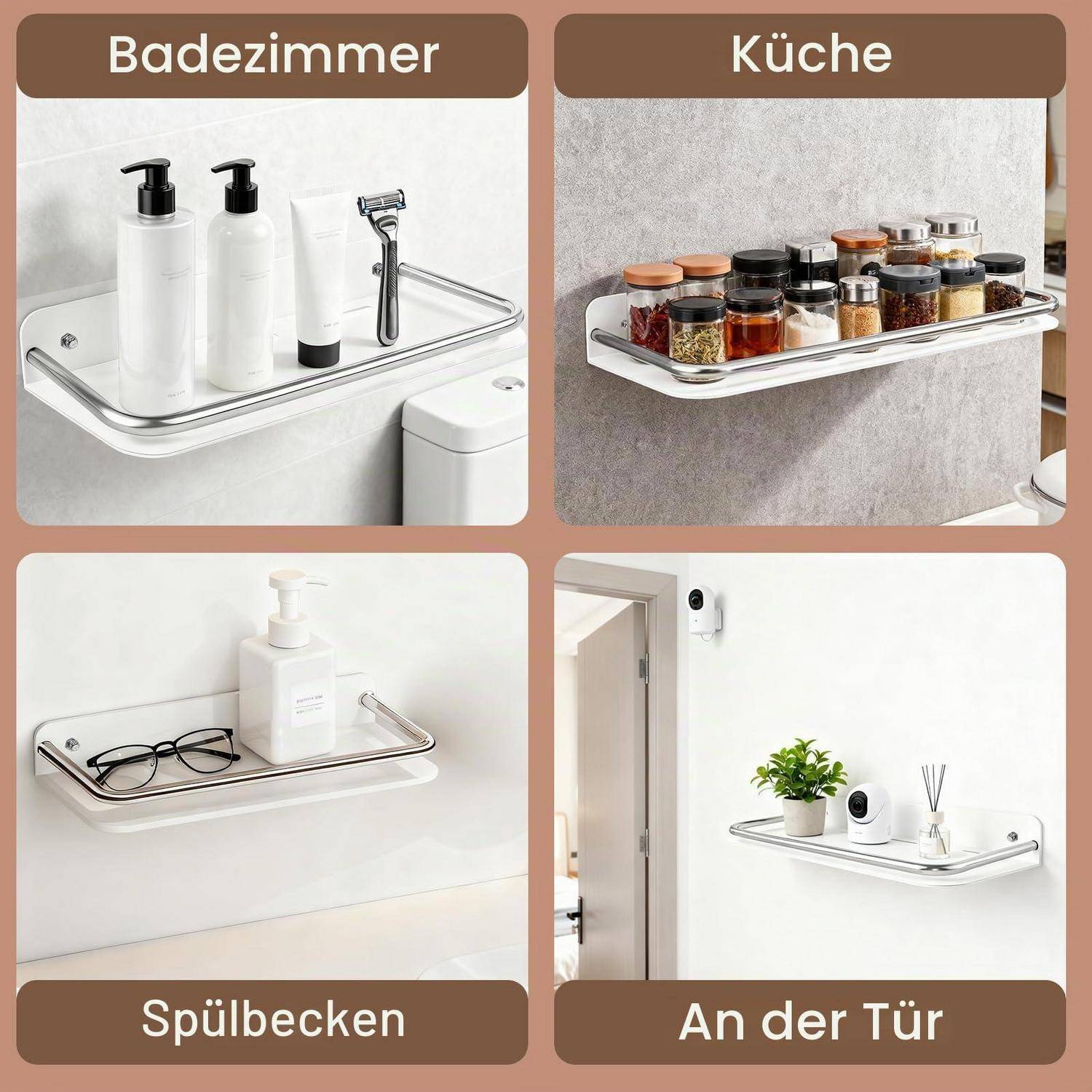Collage einer an der Wand montierten Eckenablage, die im Badezimmer, in der Küche, im Spülbeckenbereich und neben einer Tür verwendet wird, beschriftet auf Deutsch: 'Badezimmer', 'Küche', 'Spülbecken', 'An der Tür'.