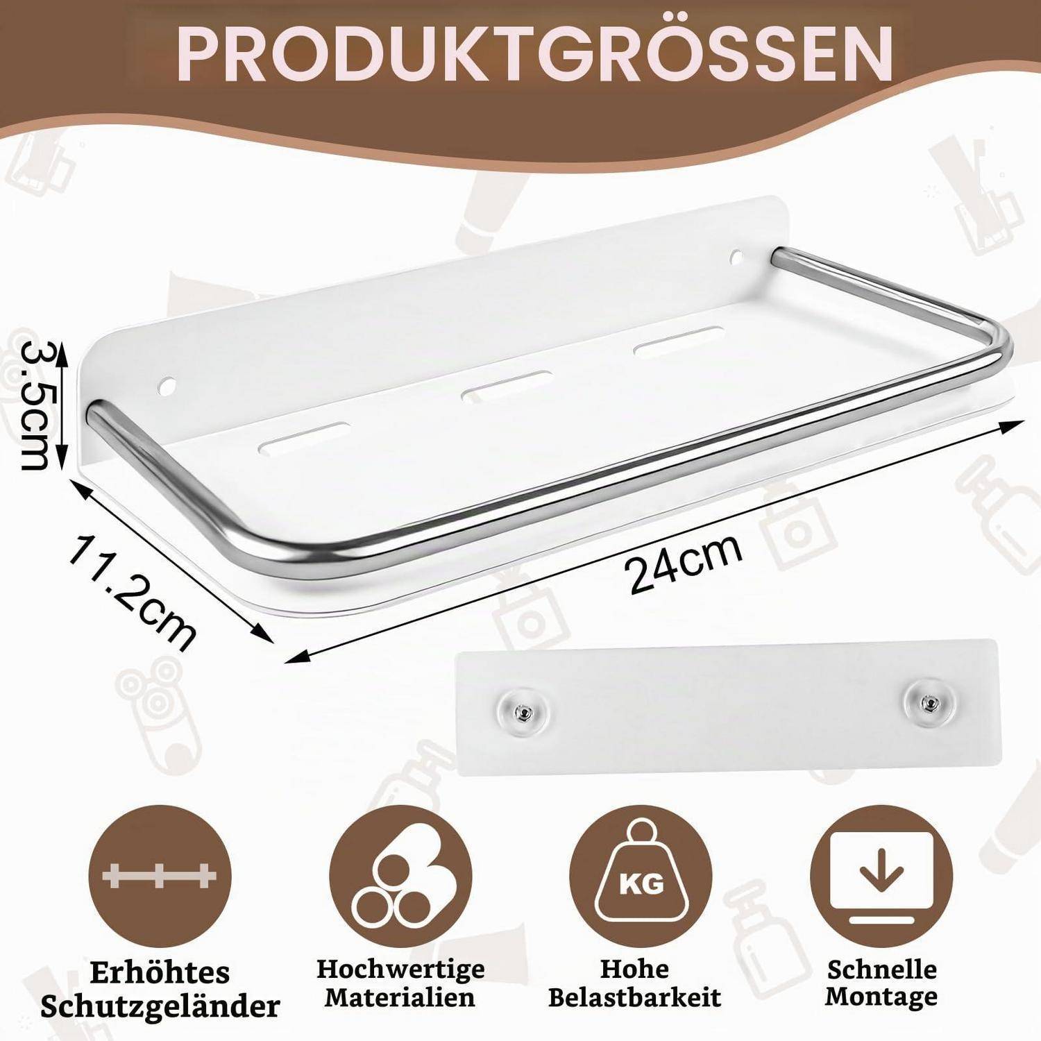 Produktgrößen-Grafik für ein weißes Wandregal: 24 cm lang, 11,2 cm tief, 3,5 cm hoch, mit Symbolen für erhöhte Kante, hochwertige Materialien, hohe Tragfähigkeit und einfache Montage.