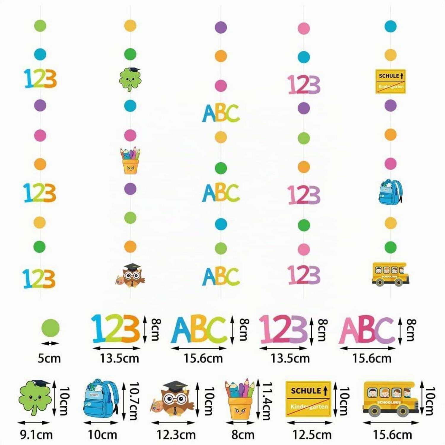Bunte vertikale Aufkleber und Ausschnitte zur Schulorganisation, einschließlich „123", „ABC"", Punkte und Symbole wie ein Rucksack, Bus, Eule und Stiftbecher, mit angegebenen Größenmessungen.