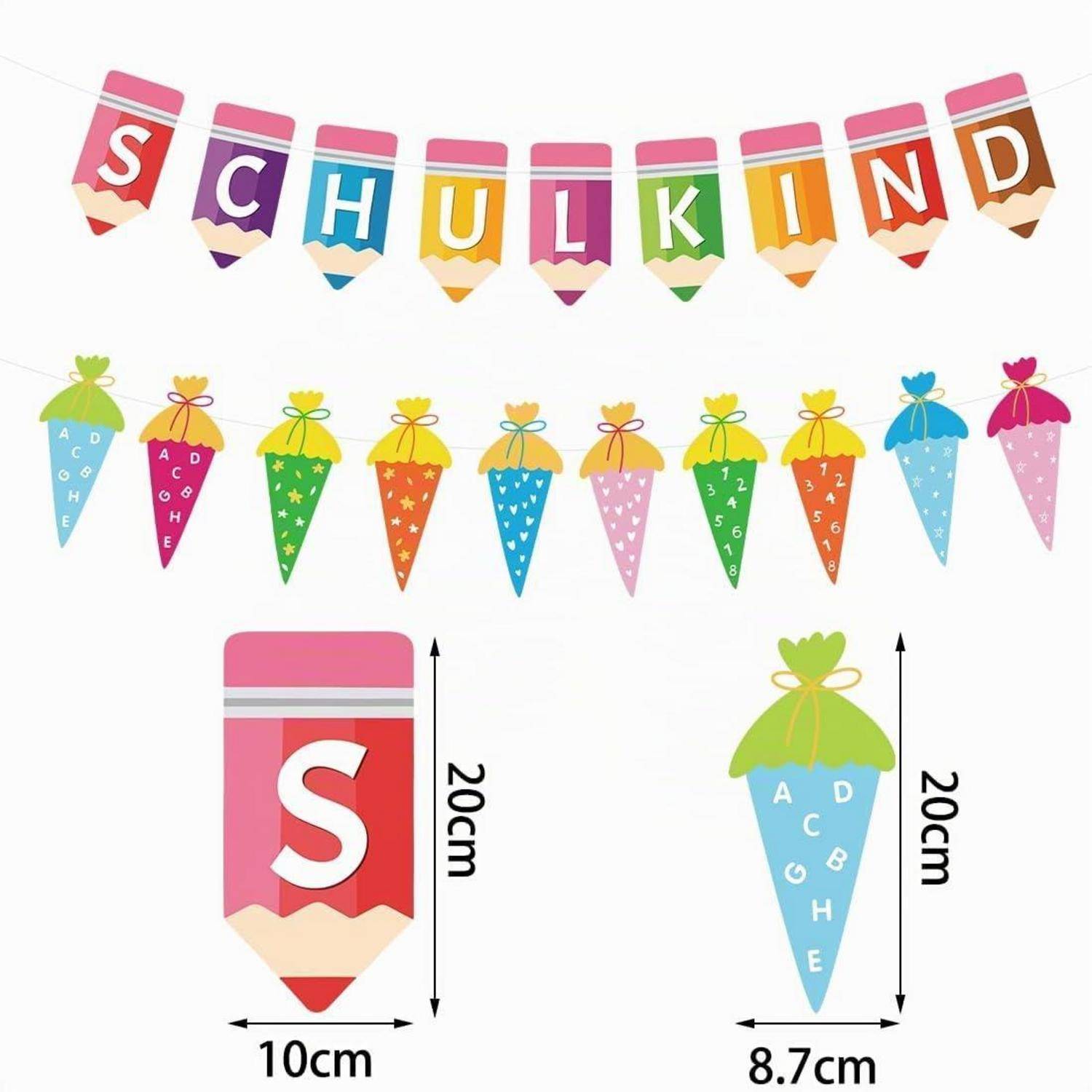 Bunte schulthematische Bleistift-Wimpel, die „SCHULKIND" buchstabieren, mit neun Eistüten-Gunstform-Designs; enthält Größenbeschriftungen für zwei Beispiele: 20 cm hoch, 10 cm breit und 20 cm hoch, 8,7 cm breit.