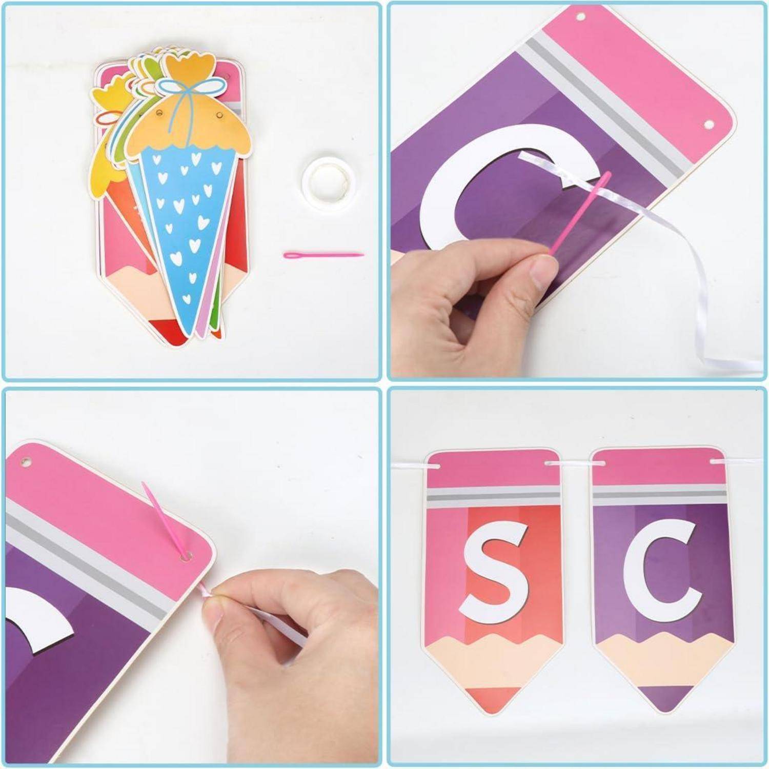 Vier-Schritt-Anleitung zeigt eine Hand, die bunte Papierwimpelflaggen zu einer hängenden Girlande aufzieht, wobei eine Flagge mit „S" und eine andere mit „C"" gekennzeichnet ist.