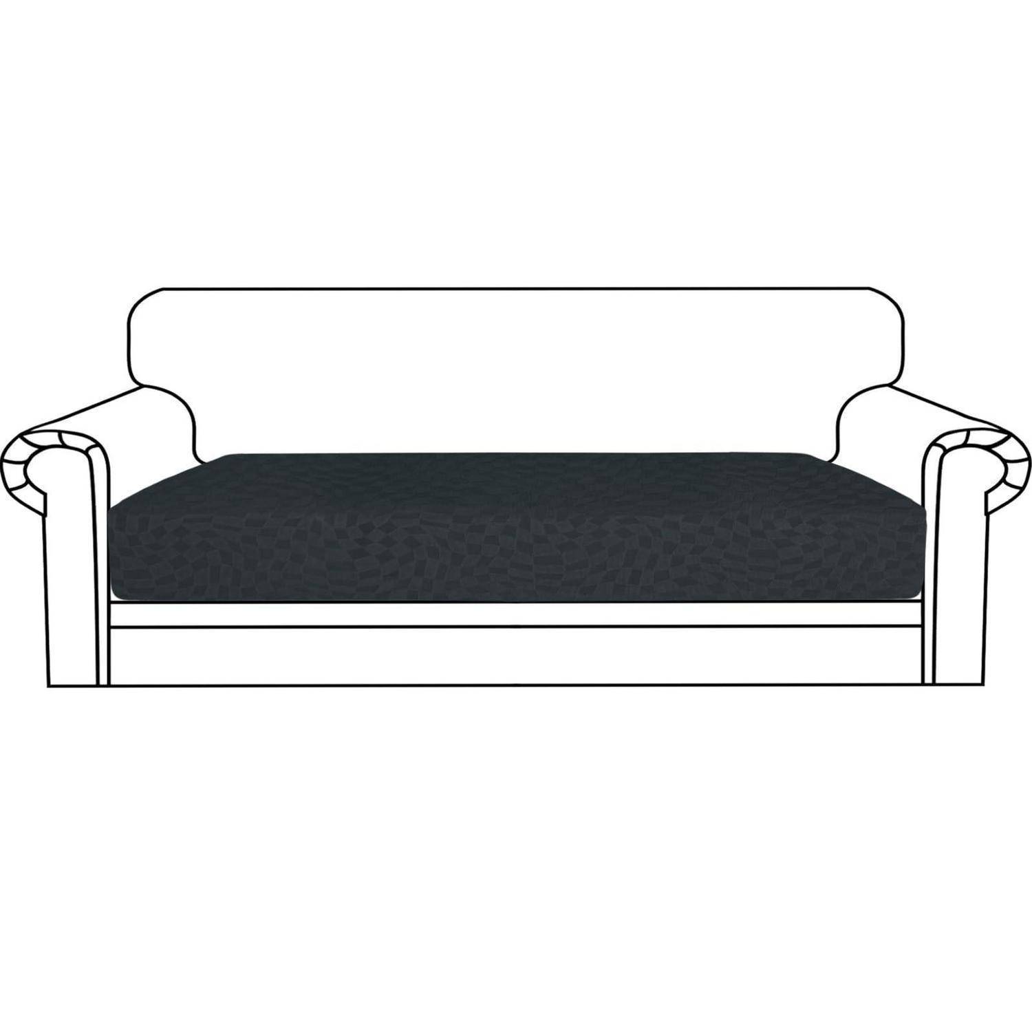 Illustration eines Sofas mit dunkelm Sitzkissen und weißem Rahmen sowie weißen Armlehnen.