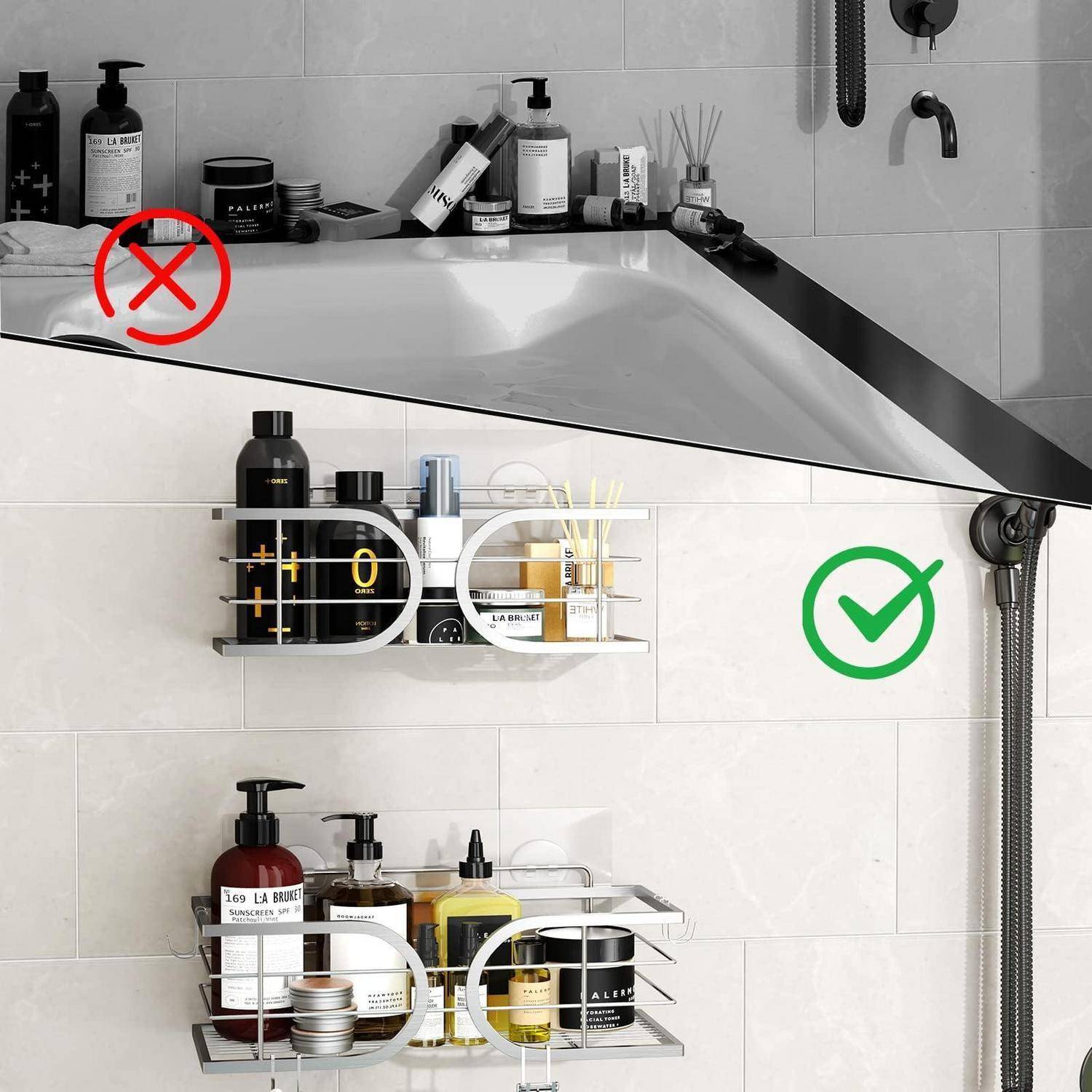 Badezimmerorganisationsbild, das ein ungeordnetes Regal über einer Badewanne zeigt, das als falsch gekennzeichnet ist, und ein an der Wand montiertes Dusch-Caddy, das als richtig gekennzeichnet ist, zum Lagern von Toilettenartikeln.