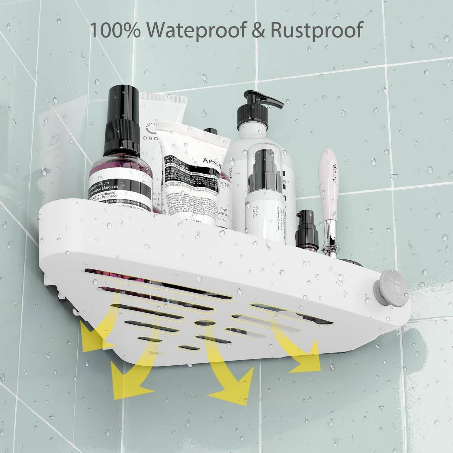 Weiße Klebebeschlag-Duschablage für die Ecke mit Toilettenartikeln in einem gekachelten Badezimmer, mit der Aufschrift „100% wasserdicht und rostfrei".