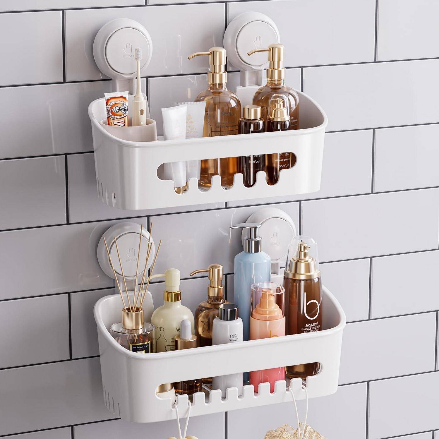 LEVERLOC Duschablage ohne Bohren, 2er Set Weiß M&L, Saugnapf Extra Stark