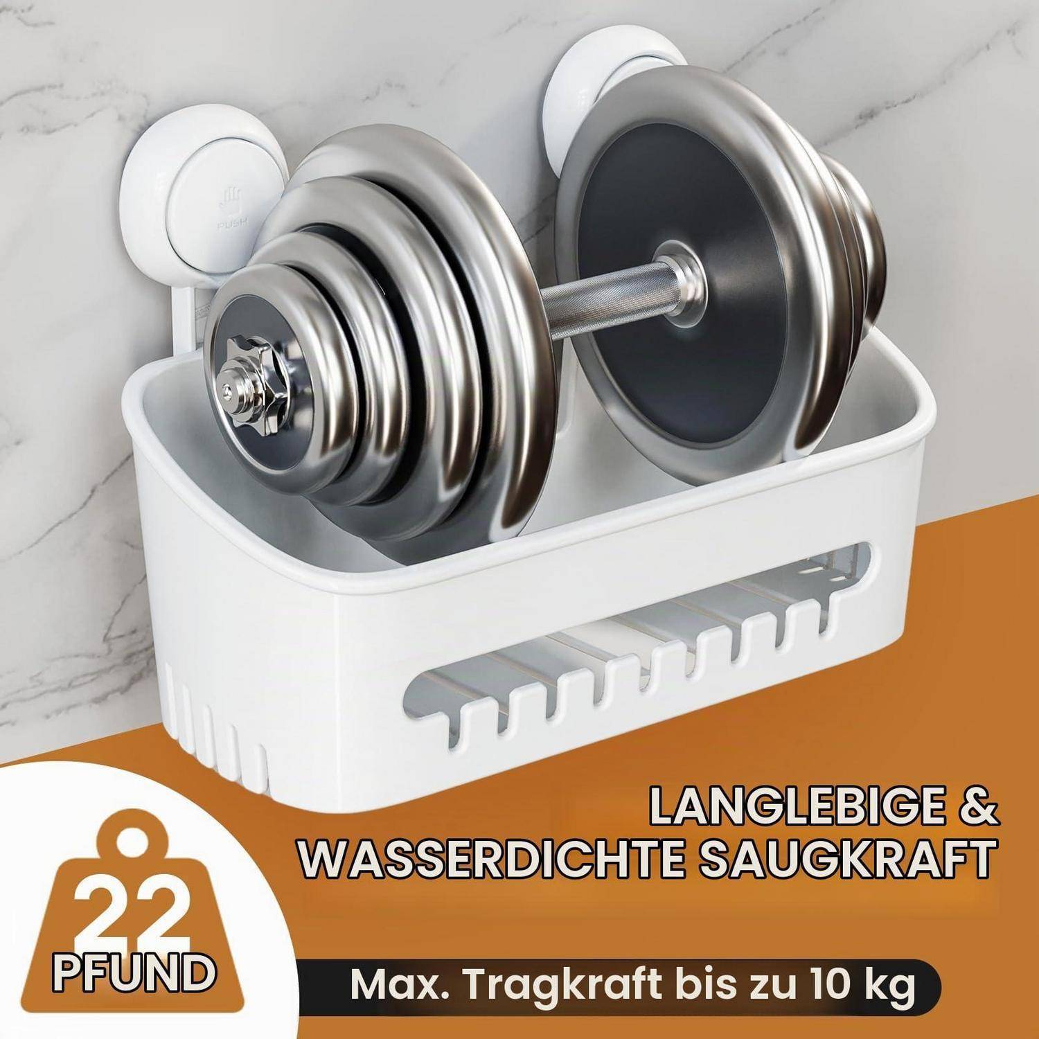 Haftungsfreies wandmontiertes Badezimmerregal mit einer Hantel, mit deutschem Text, der haltbare, wasserdichte Saugkraft und maximale Belastung bis zu 10 kg bewirbt.