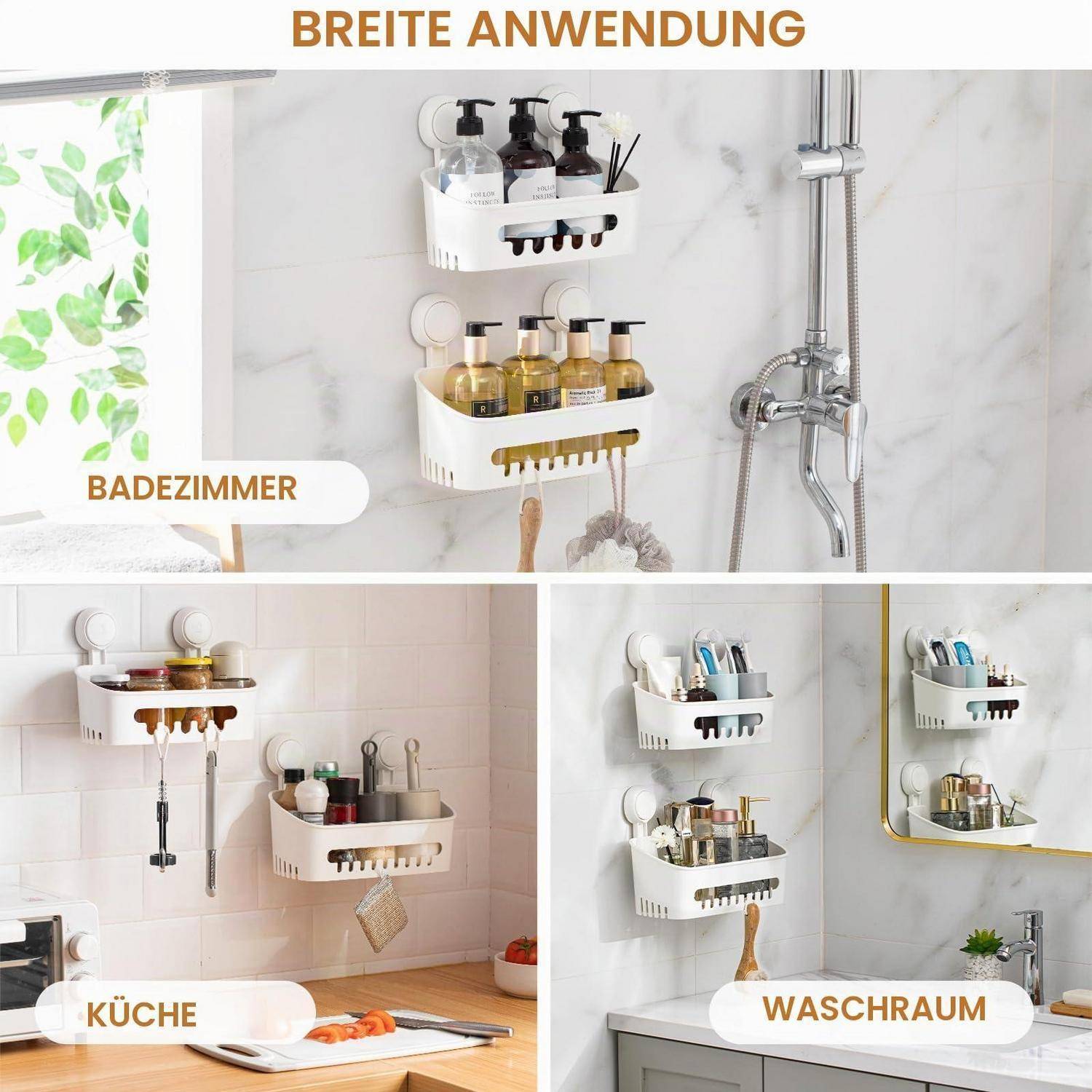 Produktcollage mit wandmontierten Aufbewahrungskörben, die im Badezimmer, in der Küche und in der Waschküche für Flaschen und Toilettenartikel verwendet werden.