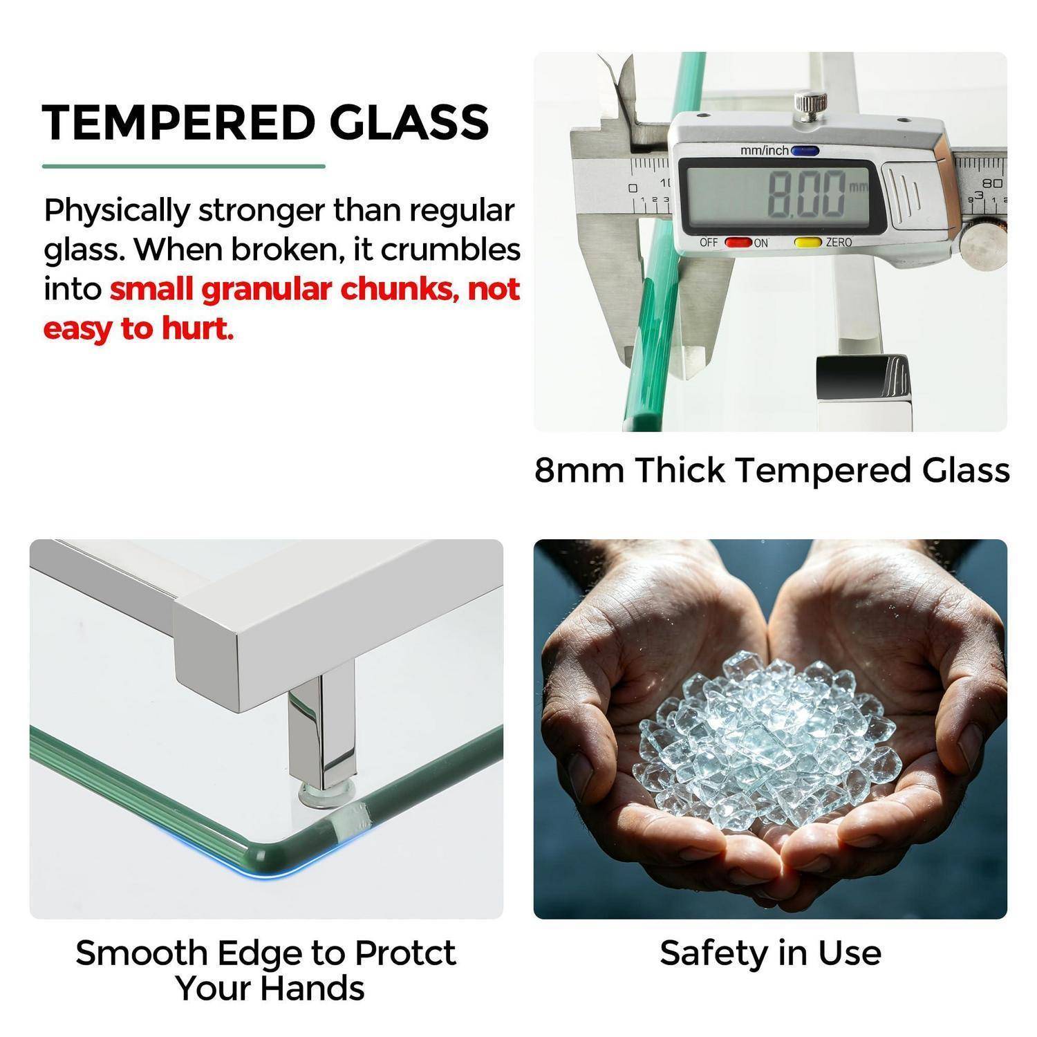 Infografik über gehärtetes Glas: 8 mm dick, stärker als normales Glas, zerbricht in kleine körnige Stücke, mit glatter Kantenschutzung und Sicherheit bei Verwendung.