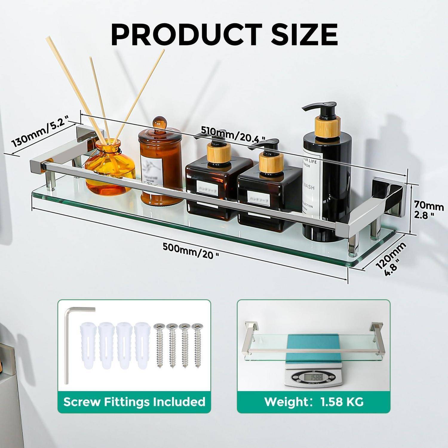 Produktgrößendiagramm für ein wandmontiertes Badezimmerregal: 500 mm breit, 120 mm tief, 70 mm hoch, mit im Lieferumfang enthaltenen Schraubbefestigungen und Gewicht 1,58 kg.