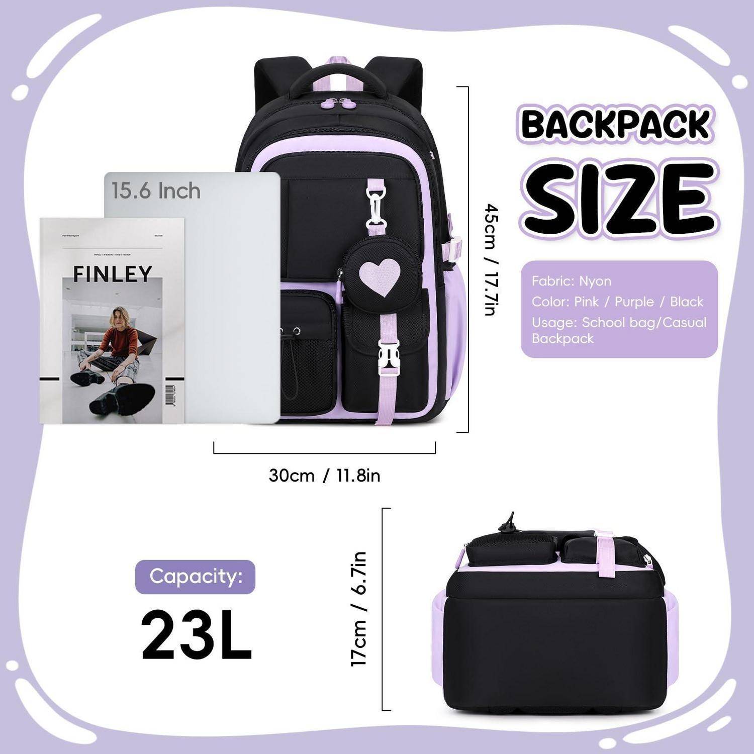 Amythe Schulrucksack Mädchen Schwarz mit Münzbeutel, wasserdicht