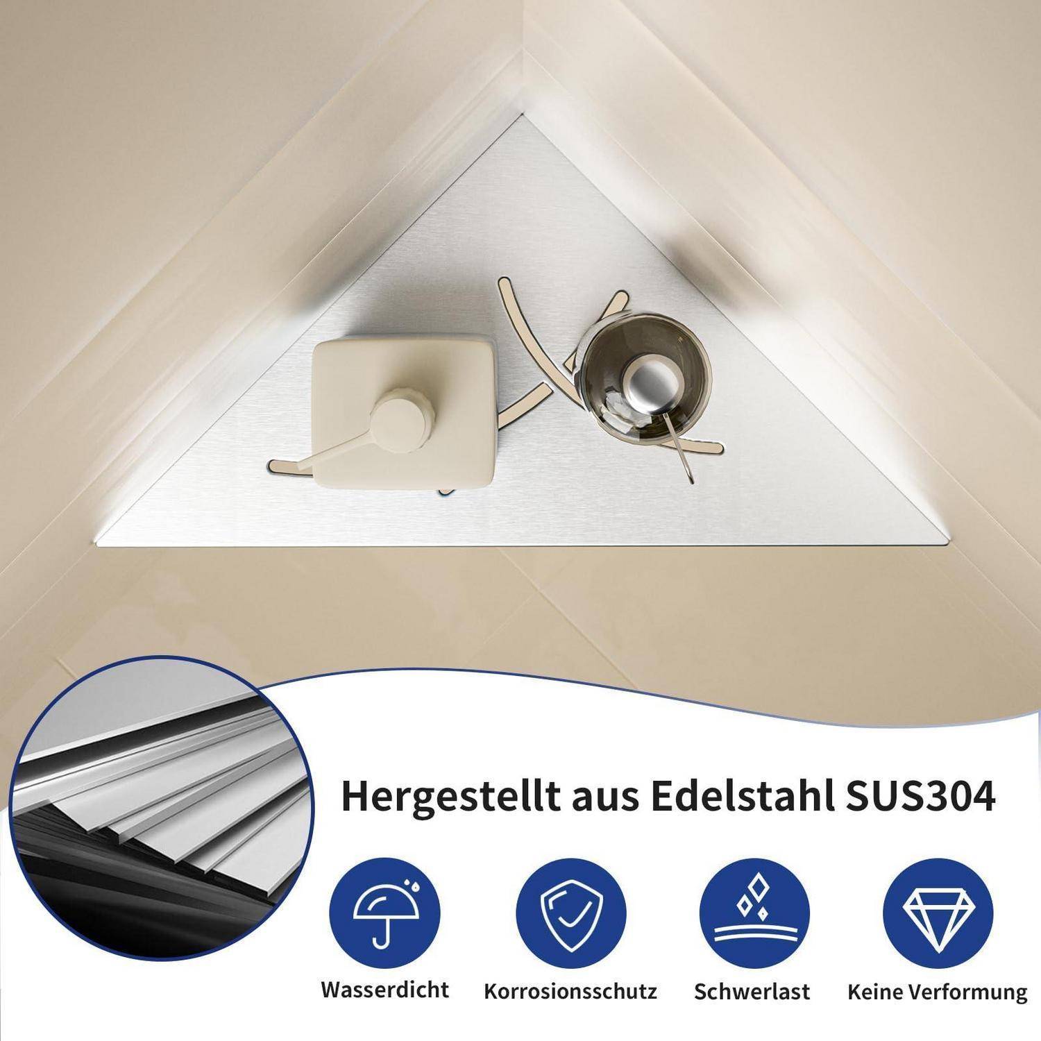 Edelstahlkonstruktion für Dachbefestigung von oben betrachtet mit deutschen Beschriftungen: 'Hergestellt aus Edelstahl SUS304', wasserdicht, korrosionsbeständig, tragfähig, nicht verformbar.