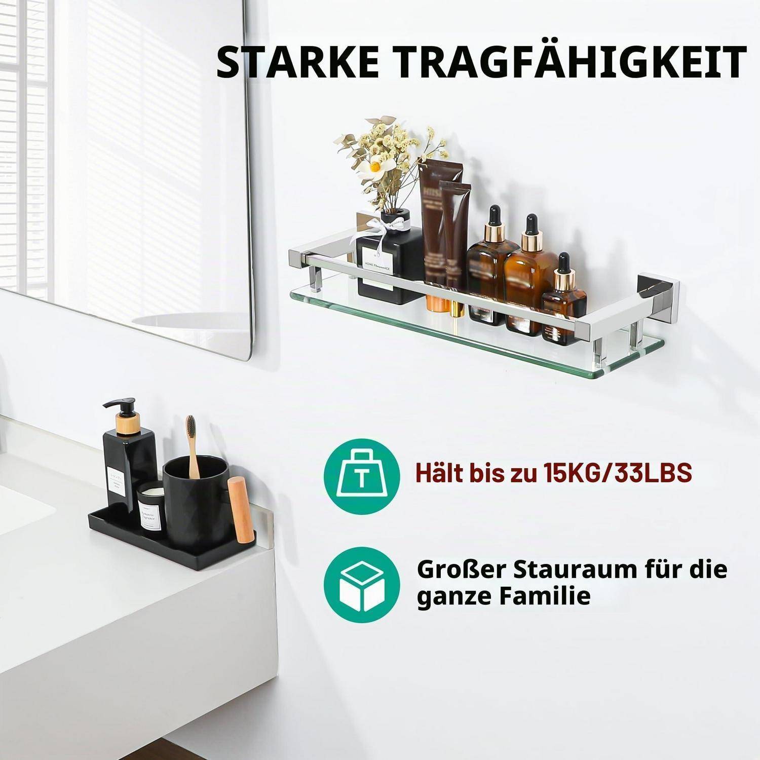 Wandregal für das Badezimmer mit starker Tragfähigkeit, „Hält bis zu 15KG/33LBS", und großem Stauraum für die ganze Familie.