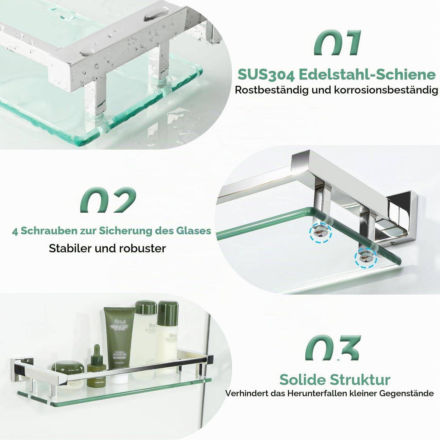 Duschablage Edelstahl Glas poliert 41cm SUS304
