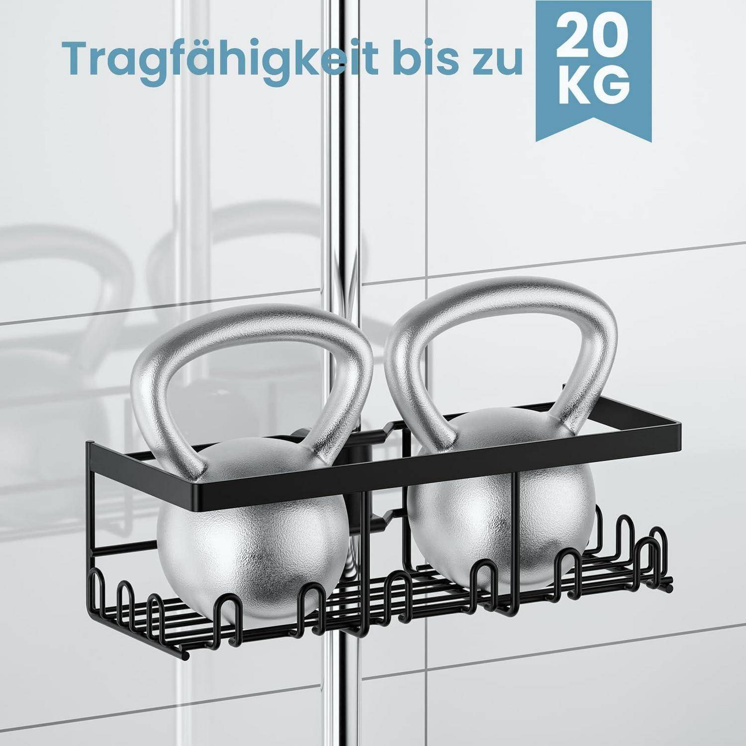 Chrome-Duschablage mit zwei Kettlebells, beschriftet mit „Tragfähigkeit bis zu 20 KG", was eine Tragfähigkeit von 20 kg anzeigt.