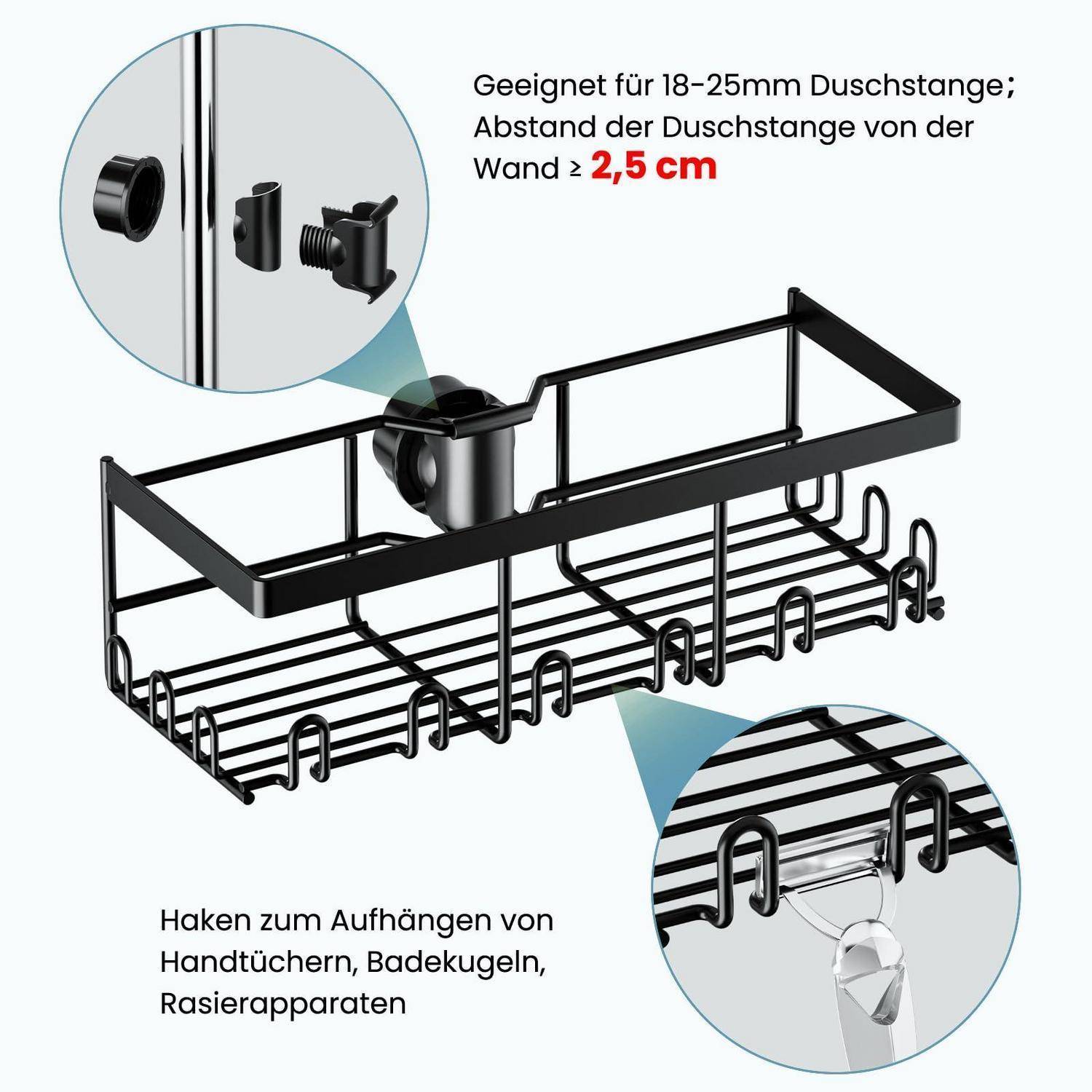 Schwarze Duschablage für 18-25 mm Duschstangen, mindestens 2,5 cm Abstand zur Wand erforderlich, mit Haken für Handtücher, Badeschwämme und Rasierer.
