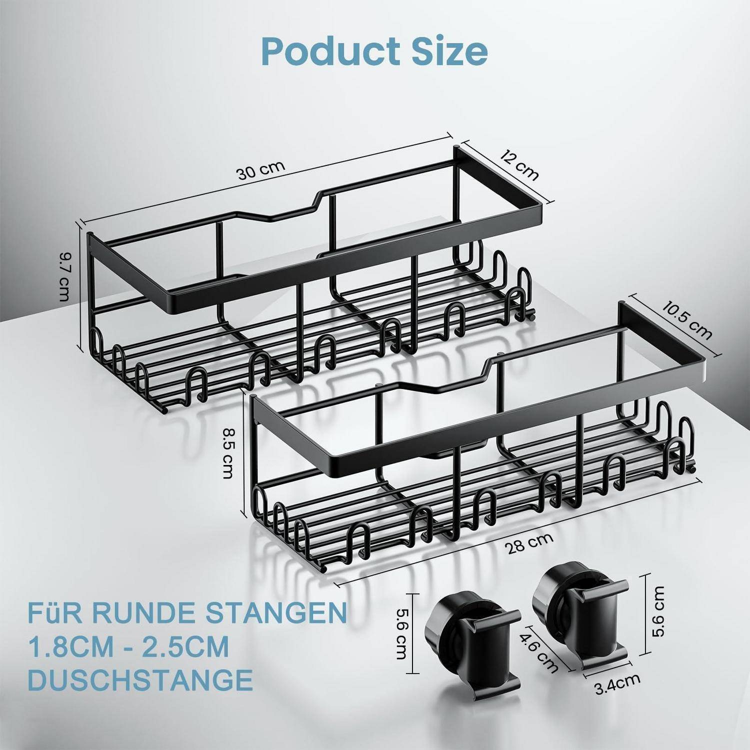 2 Stück Duschablage ohne Bohren für runde Stangen 18-25mm Schwarz