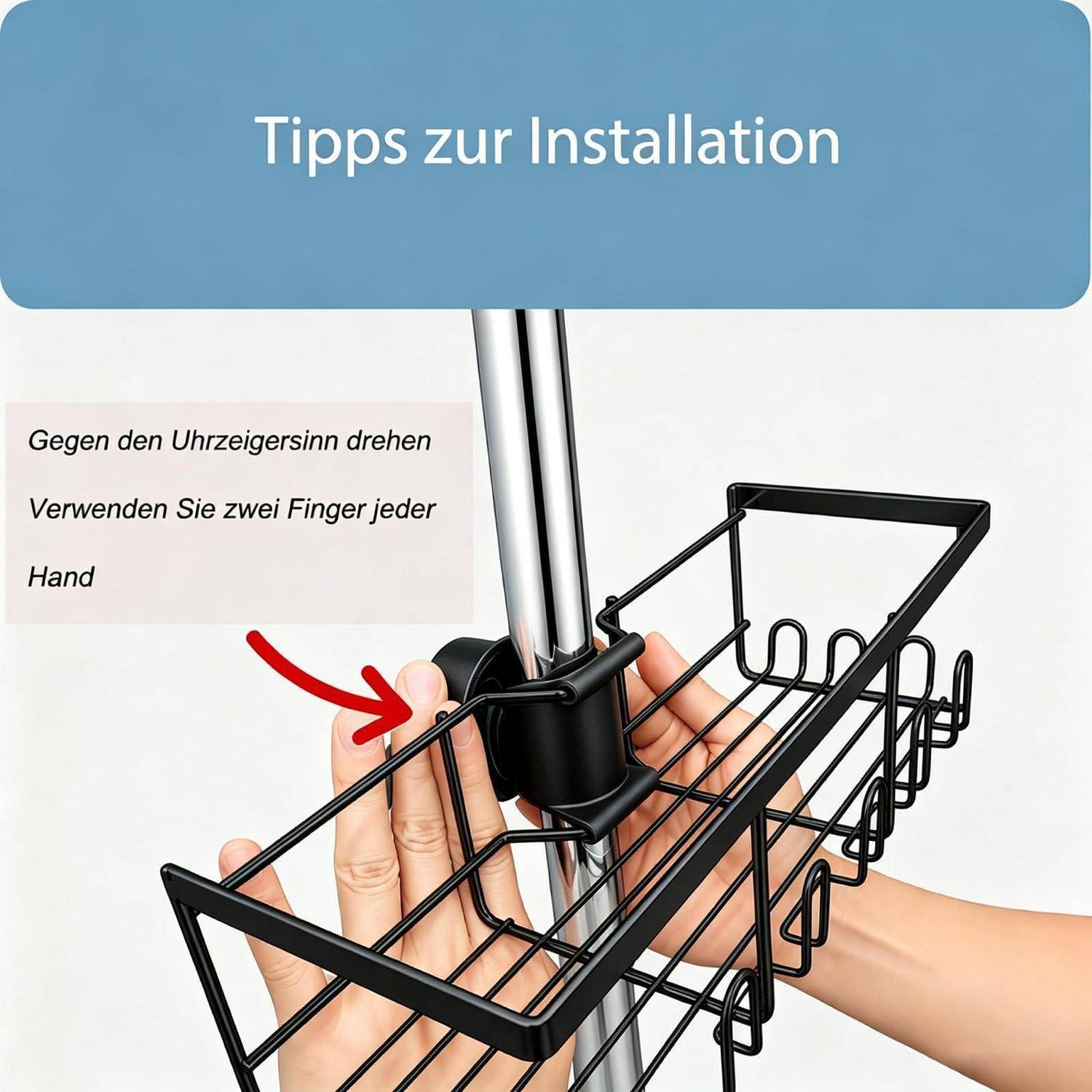 Installationstipps: Grafik zeigt Hände, die einen an einem Mast befestigten Korb gegen den Uhrzeigersinn drehen; Text besagt, zwei Finger von jeder Hand verwenden.